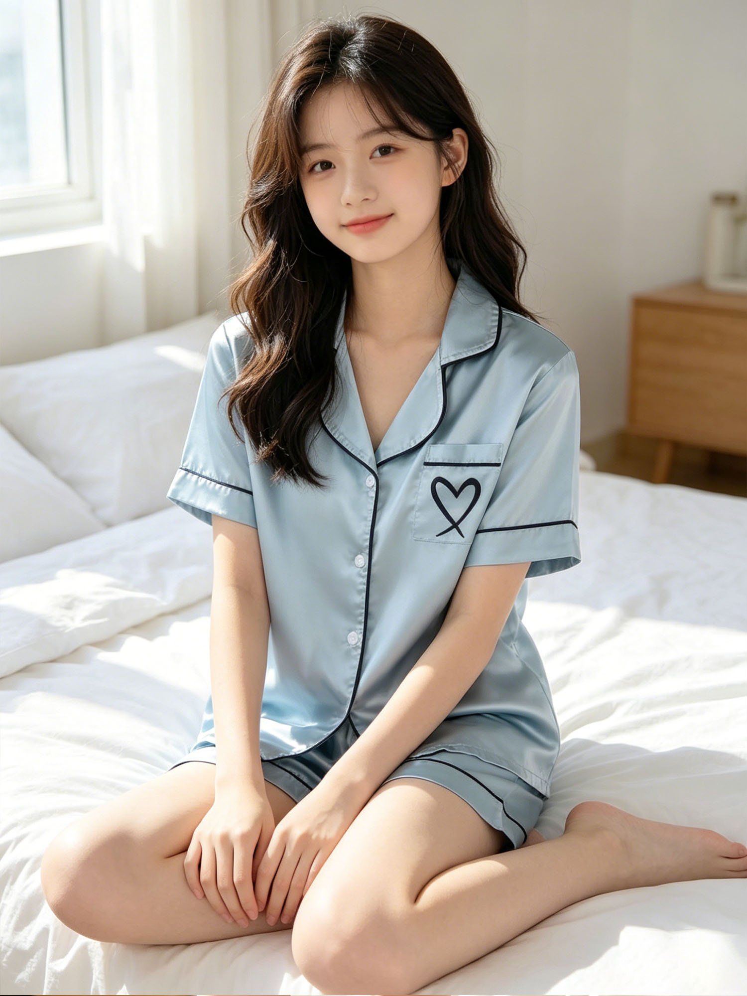 Satin Short-Sleeve Pajama Set with Heart Pocket