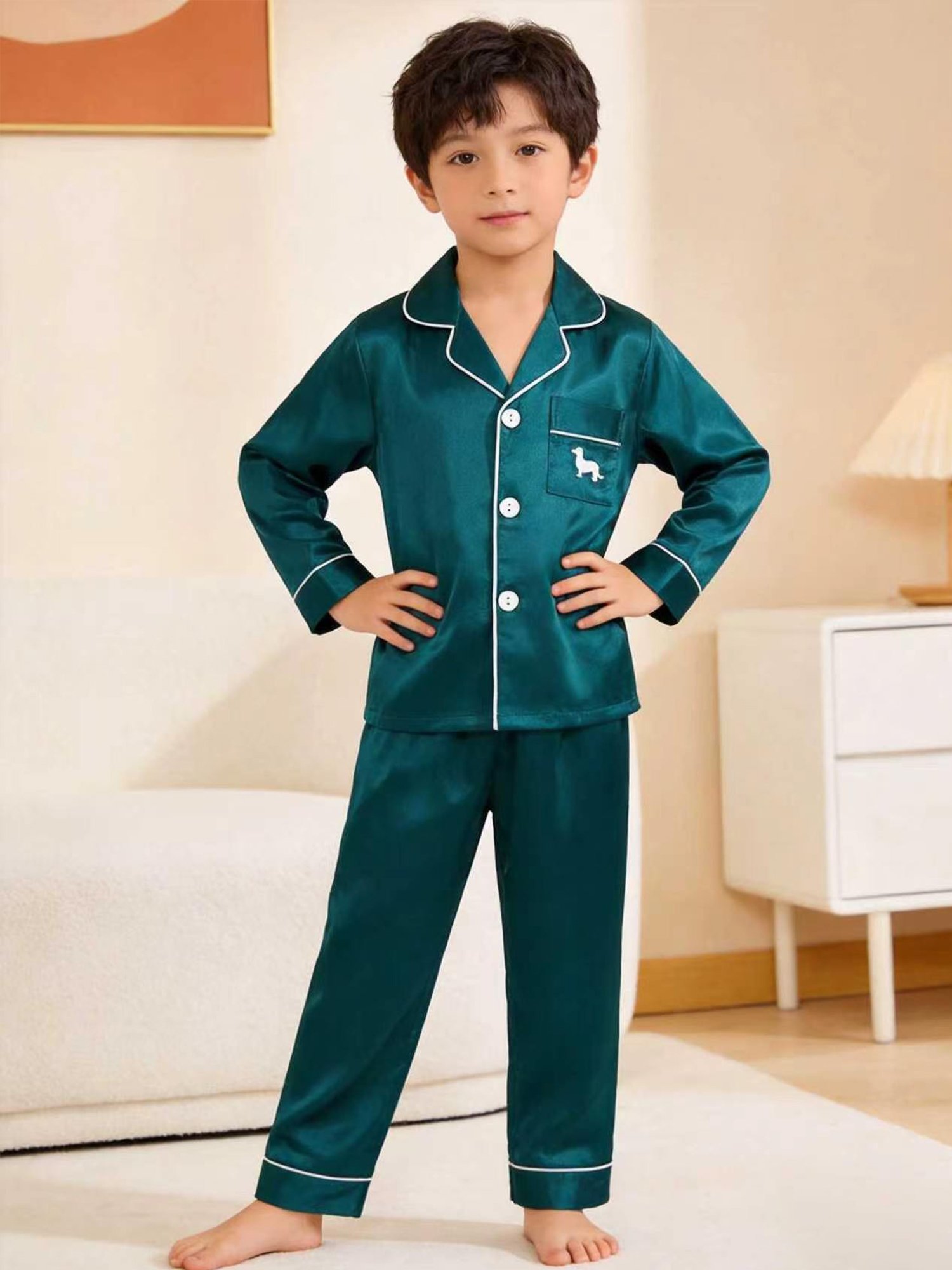 Kids Turquoise Satin Long Sleeve Top and Pants Pajama Set with Dog Embroidery