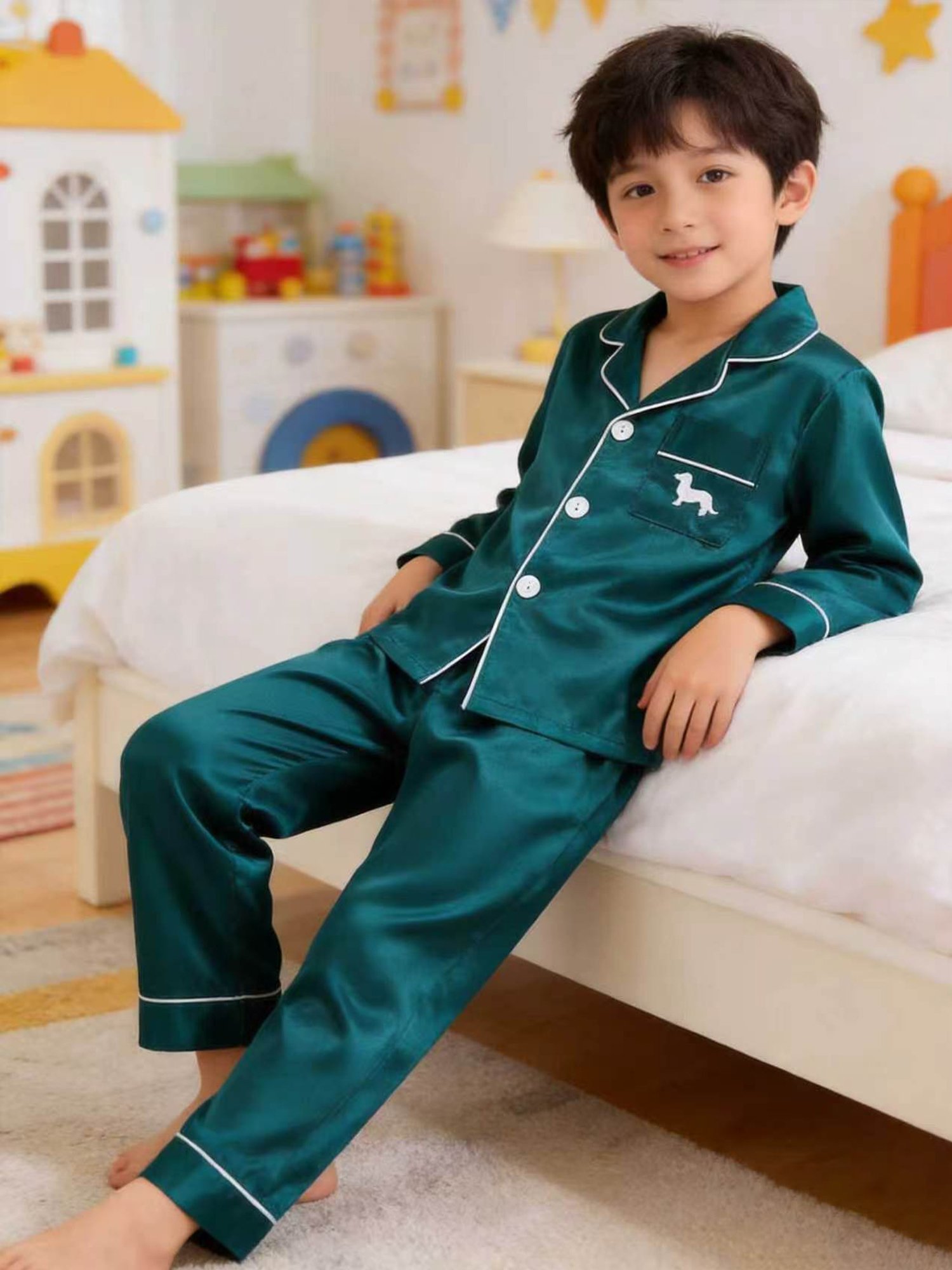 Kids Turquoise Satin Long Sleeve Top and Pants Pajama Set with Dog Embroidery