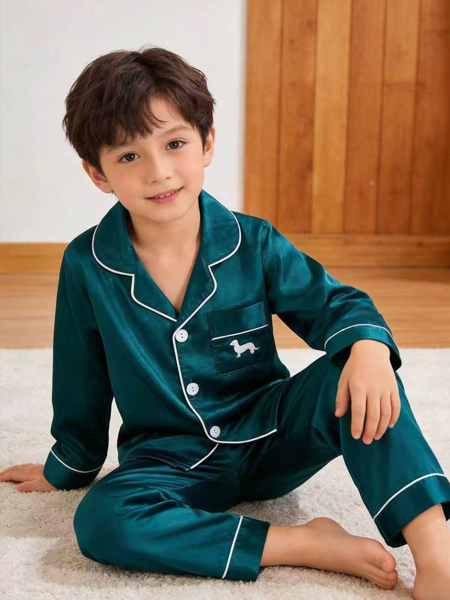 Kids Turquoise Satin Long Sleeve Top and Pants Pajama Set with Dog Embroidery