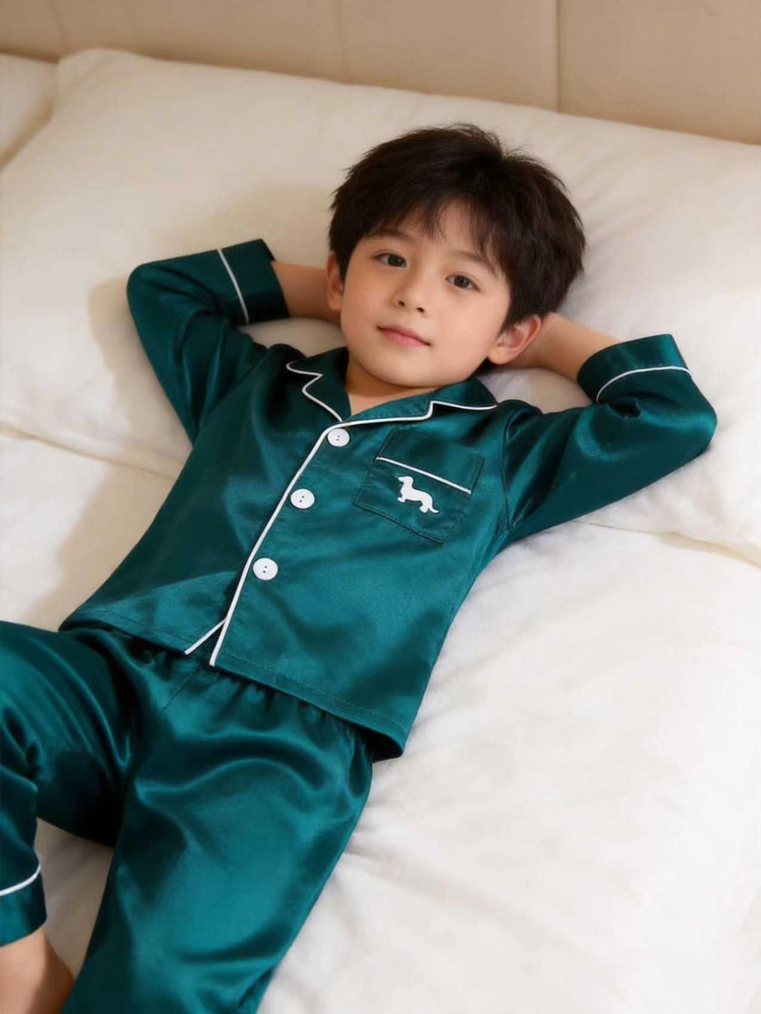 Kids Turquoise Satin Long Sleeve Top and Pants Pajama Set with Dog Embroidery