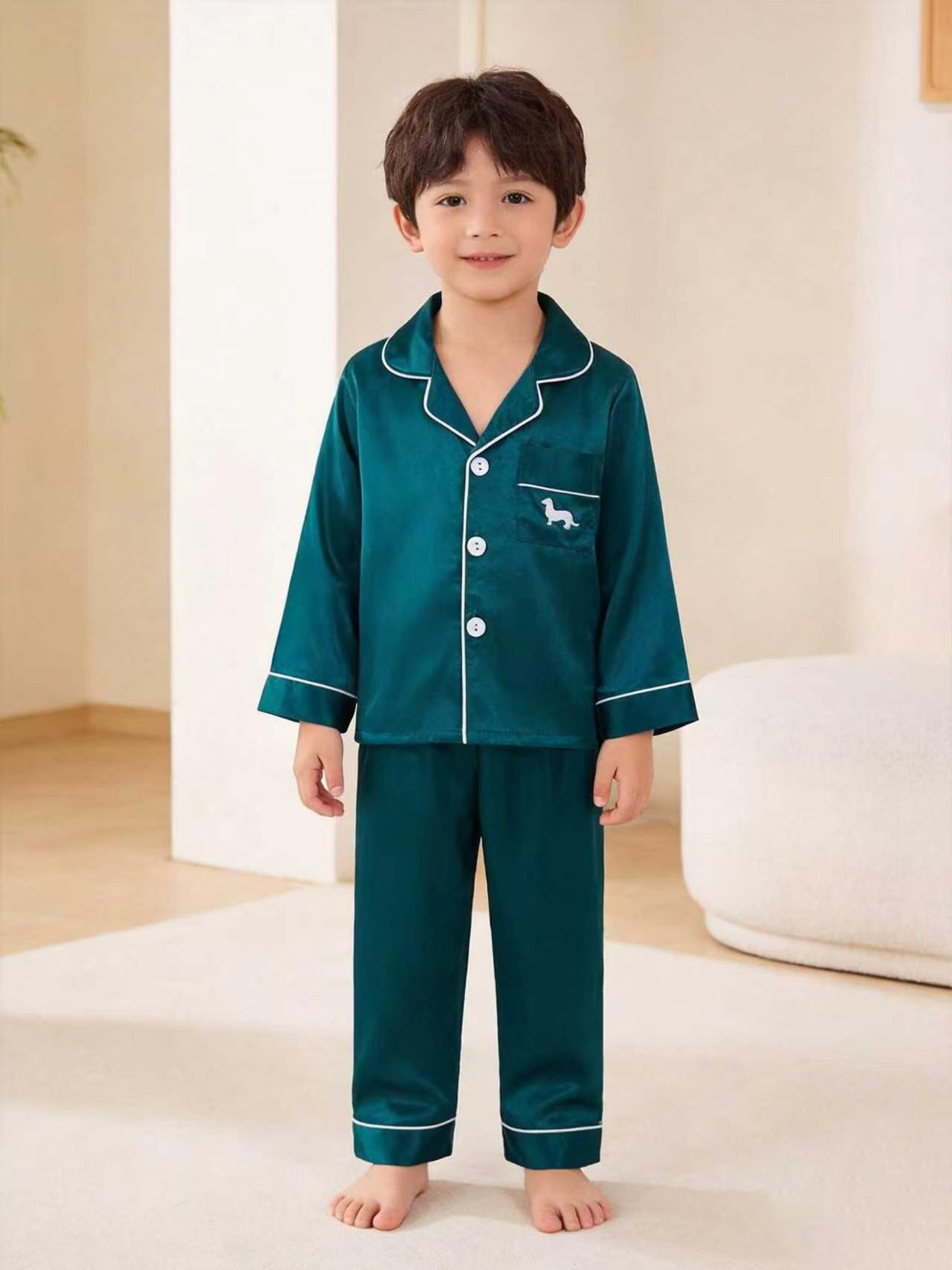 Kids Turquoise Satin Long Sleeve Top and Pants Pajama Set with Dog Embroidery
