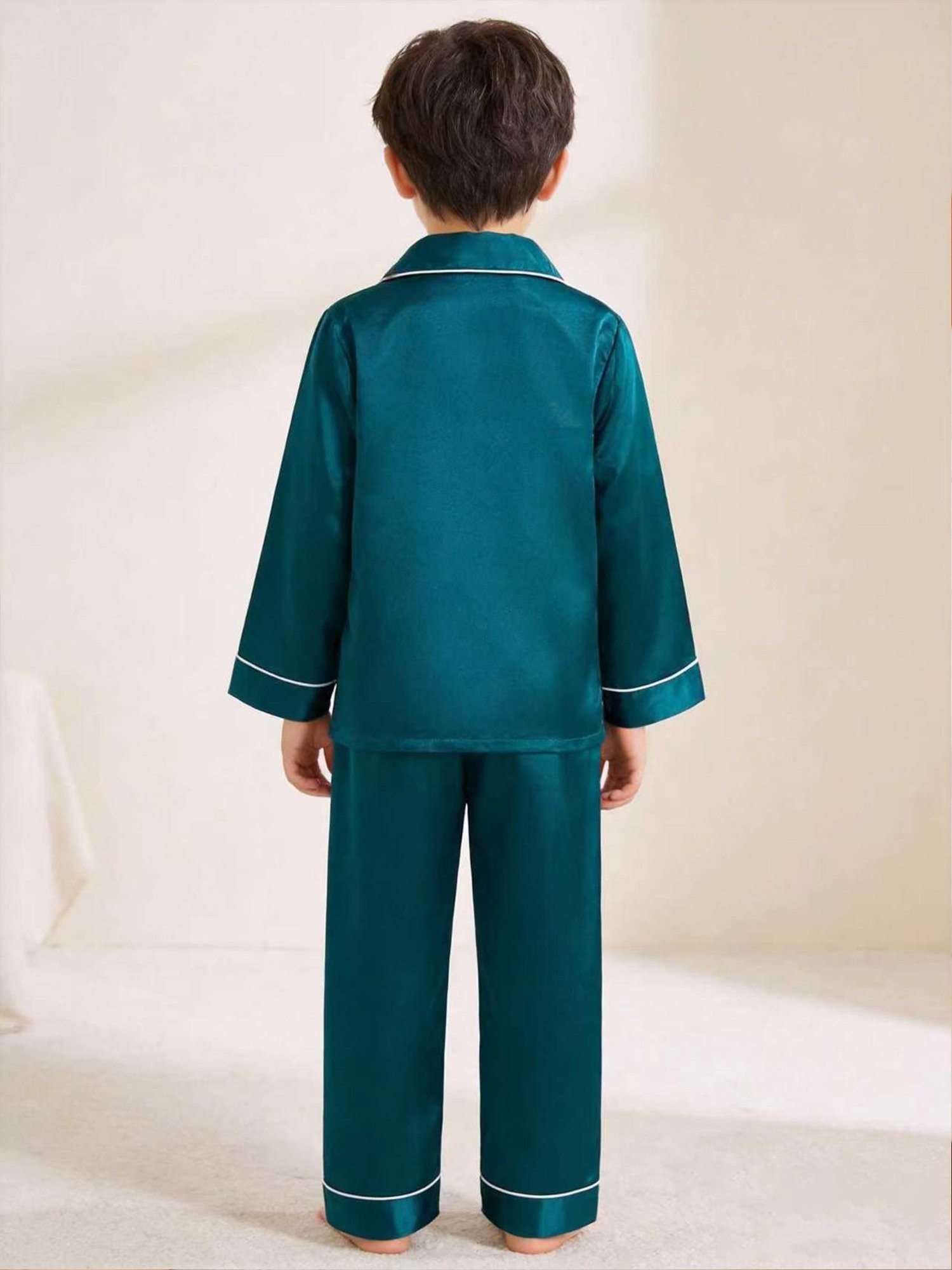 Kids Turquoise Satin Long Sleeve Top and Pants Pajama Set with Dog Embroidery