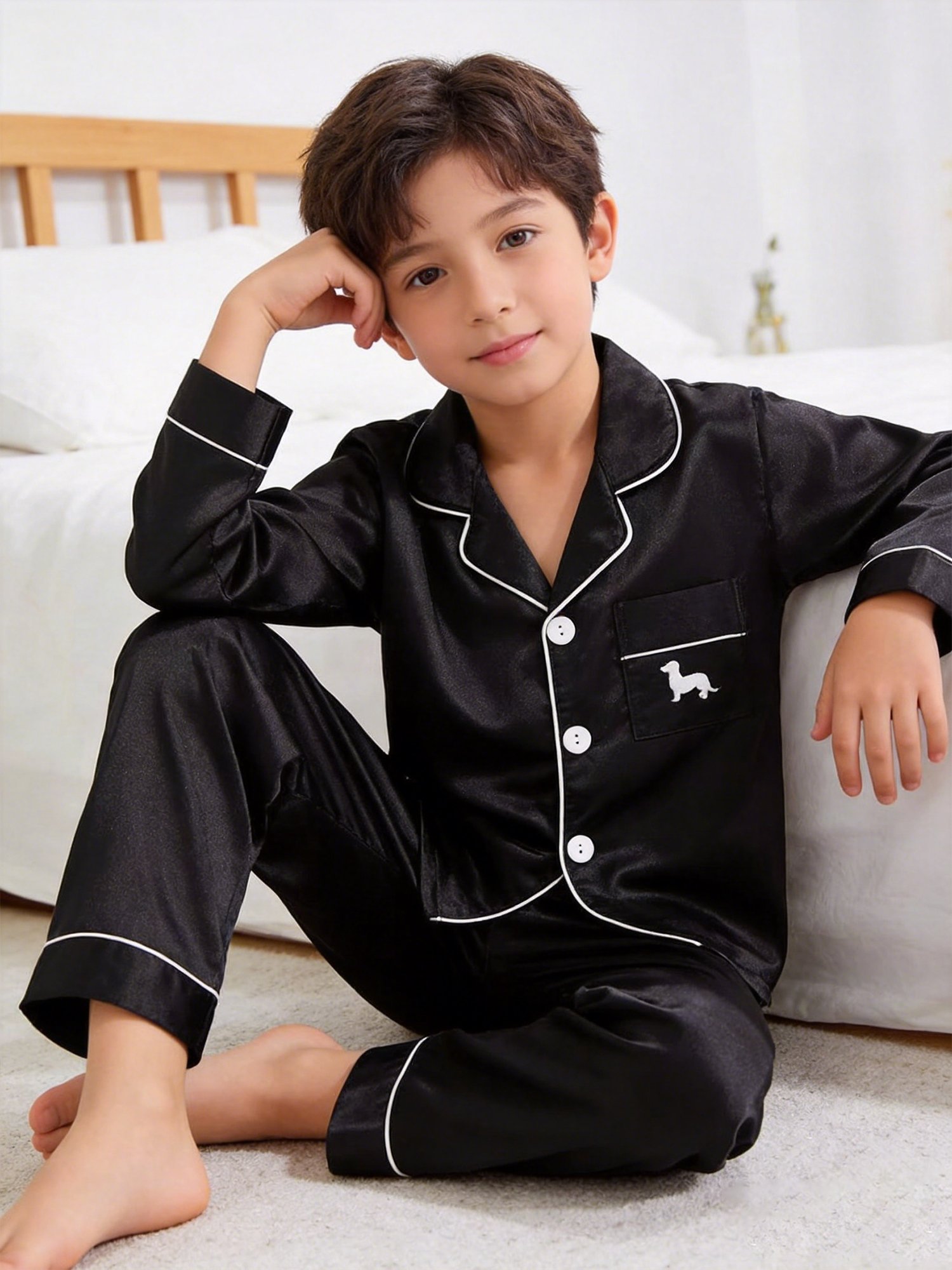 Kids Black Satin Long Sleeve Top and Pants Pyjama Set with Dachshund Embroidery