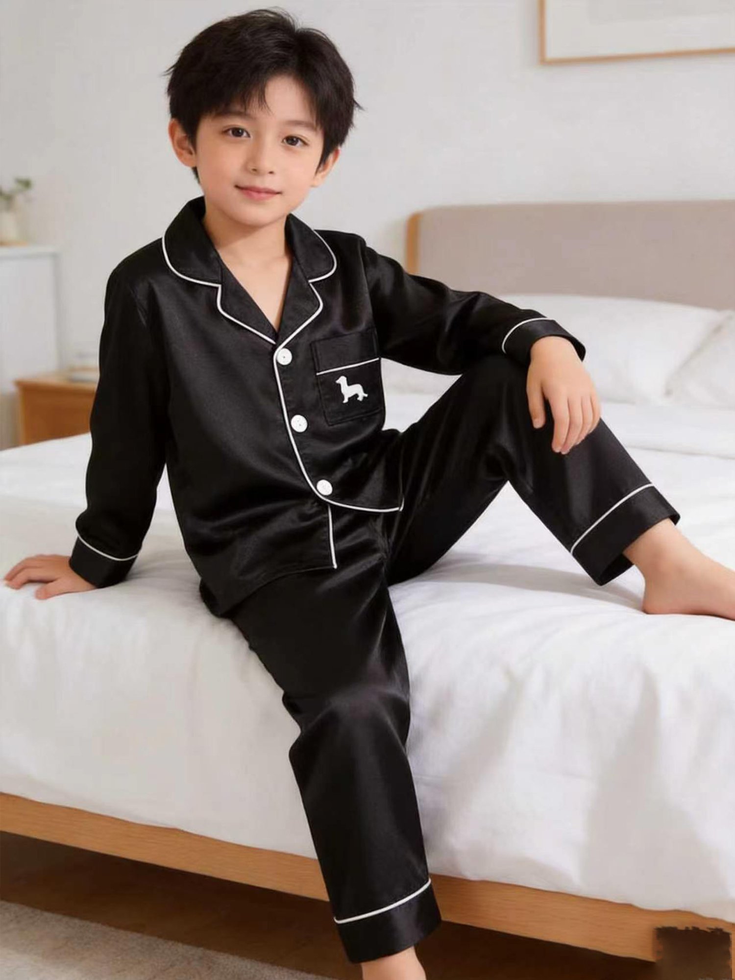 Kids Black Satin Long Sleeve Top and Pants Pyjama Set with Dachshund Embroidery