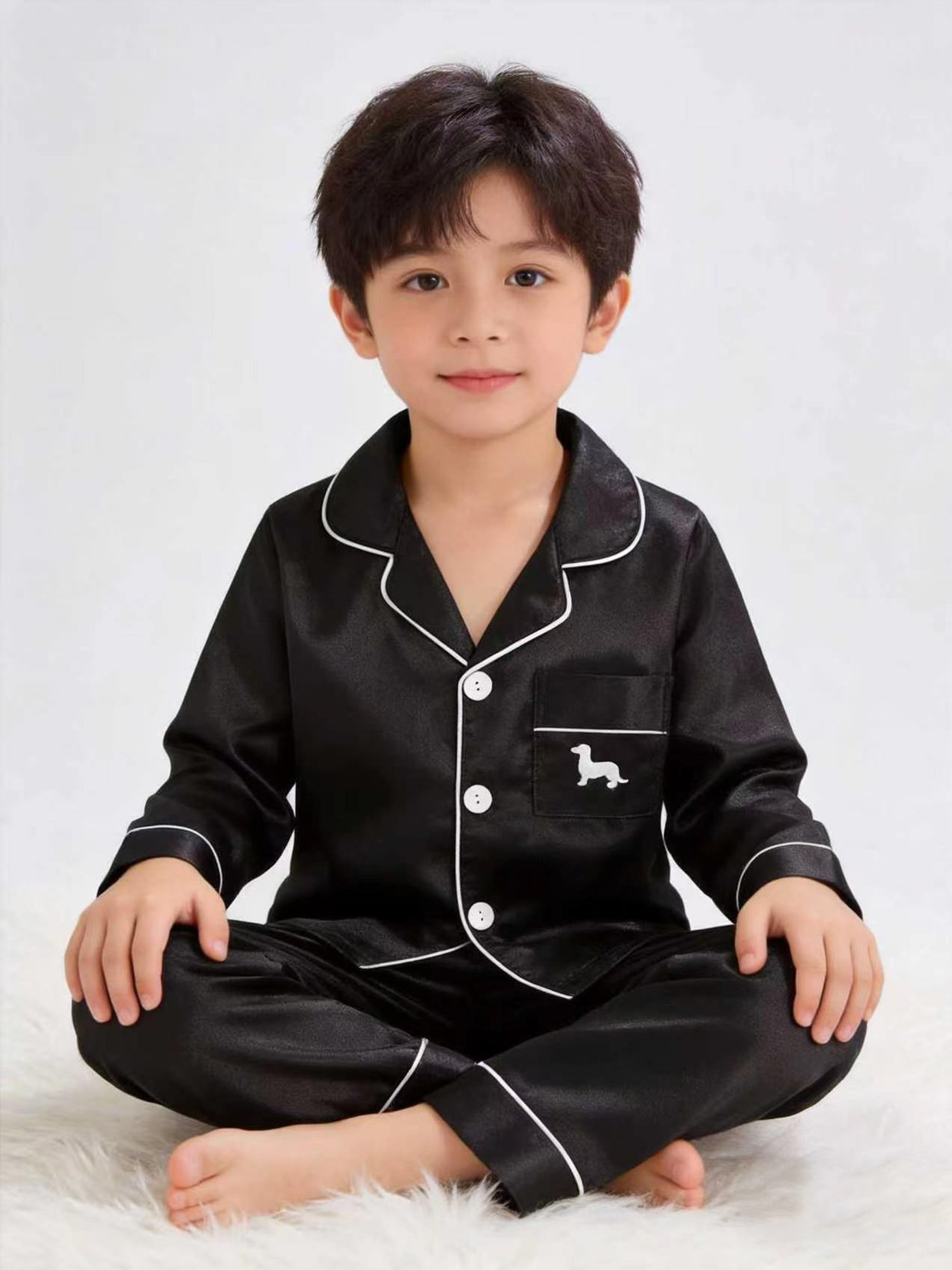 Kids Black Satin Long Sleeve Top and Pants Pyjama Set with Dachshund Embroidery