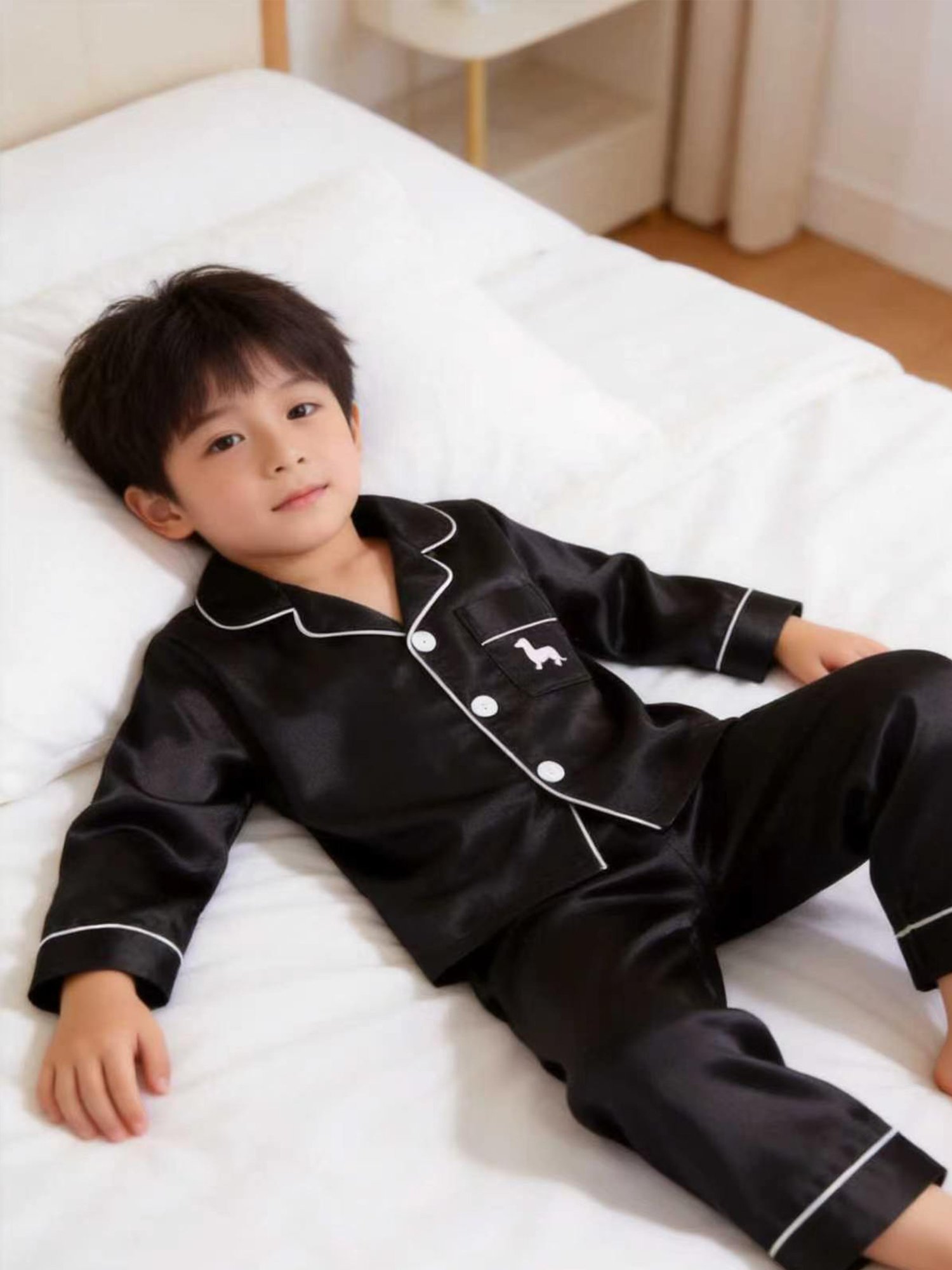 Kids Black Satin Long Sleeve Top and Pants Pyjama Set with Dachshund Embroidery