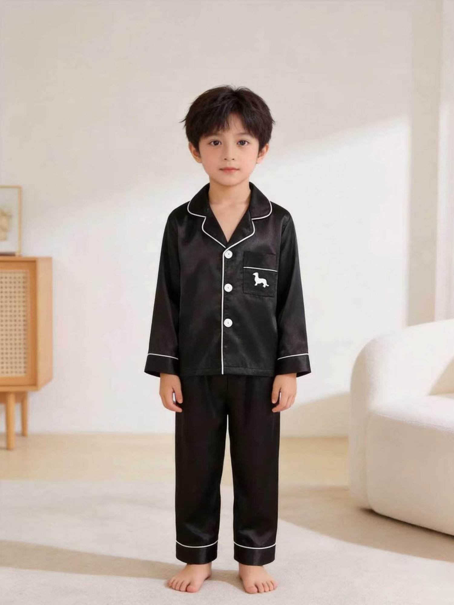 Kids Black Satin Long Sleeve Top and Pants Pyjama Set with Dachshund Embroidery