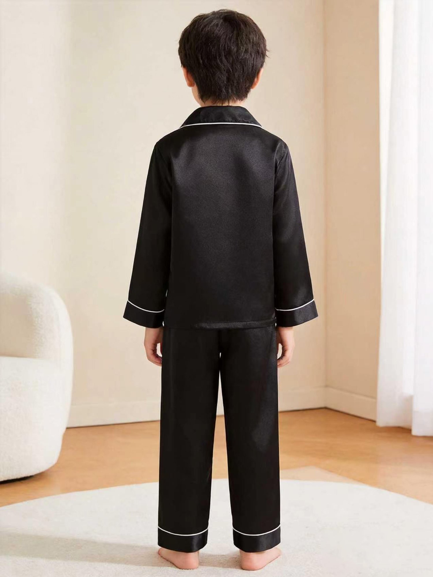 Kids Black Satin Long Sleeve Top and Pants Pyjama Set with Dachshund Embroidery