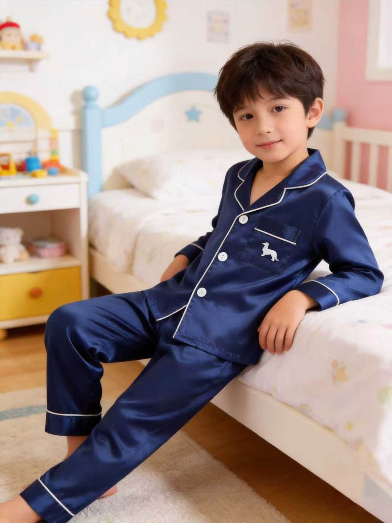 Kids Dark Blue Satin Long Sleeve Top and Pants Pyjama Set with Embroidered Dog