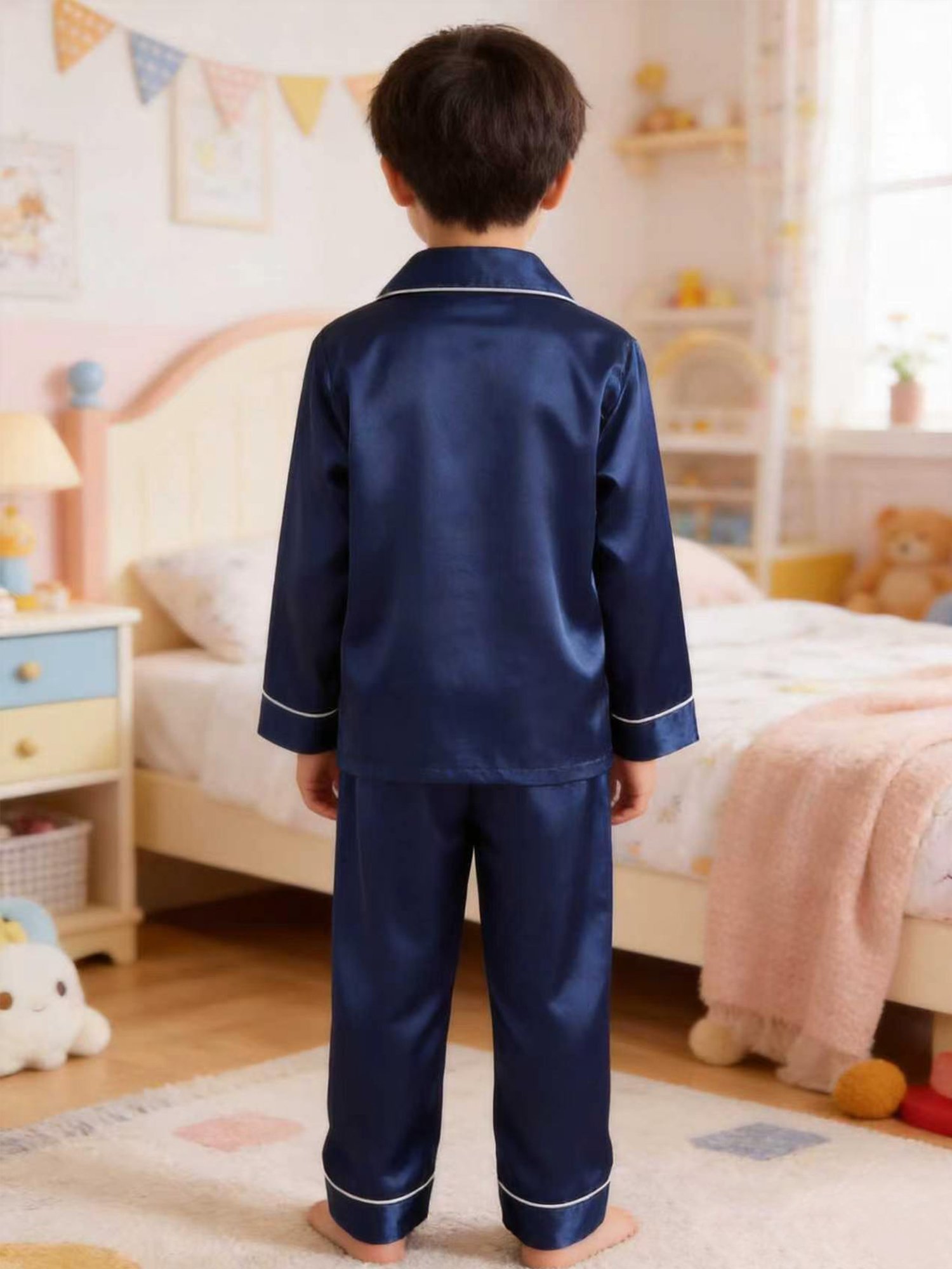 Kids Dark Blue Satin Long Sleeve Top and Pants Pyjama Set with Embroidered Dog