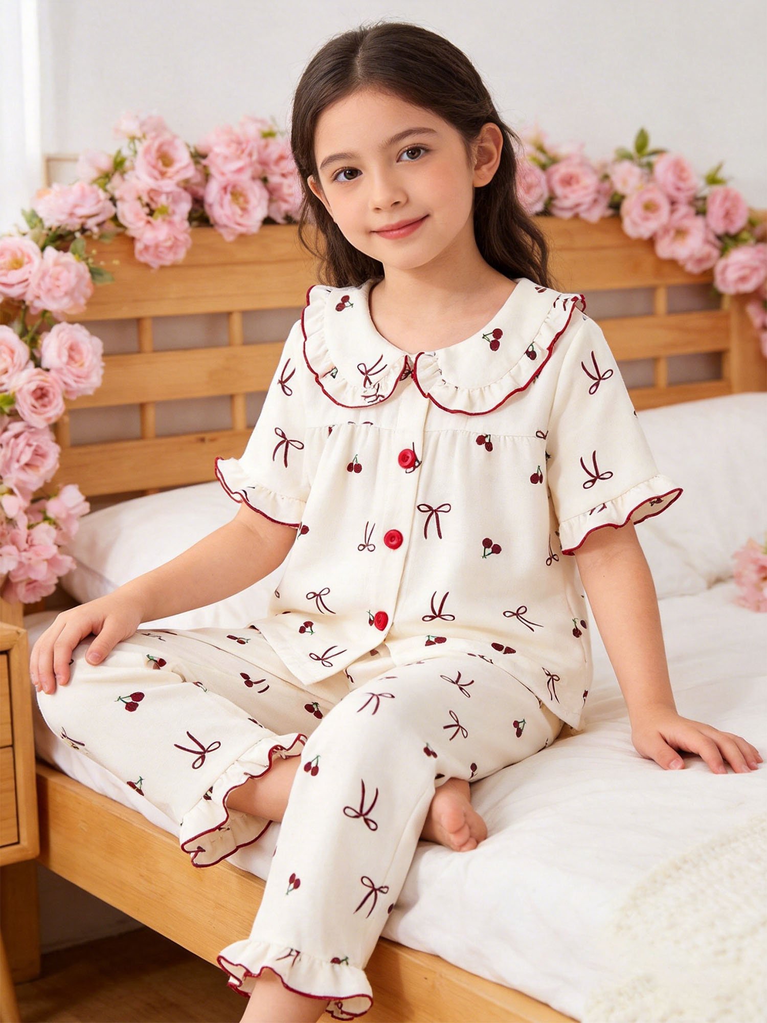 Girls Cherry and Bow Print Ruffled Collar Short Sleeve Pajama Set