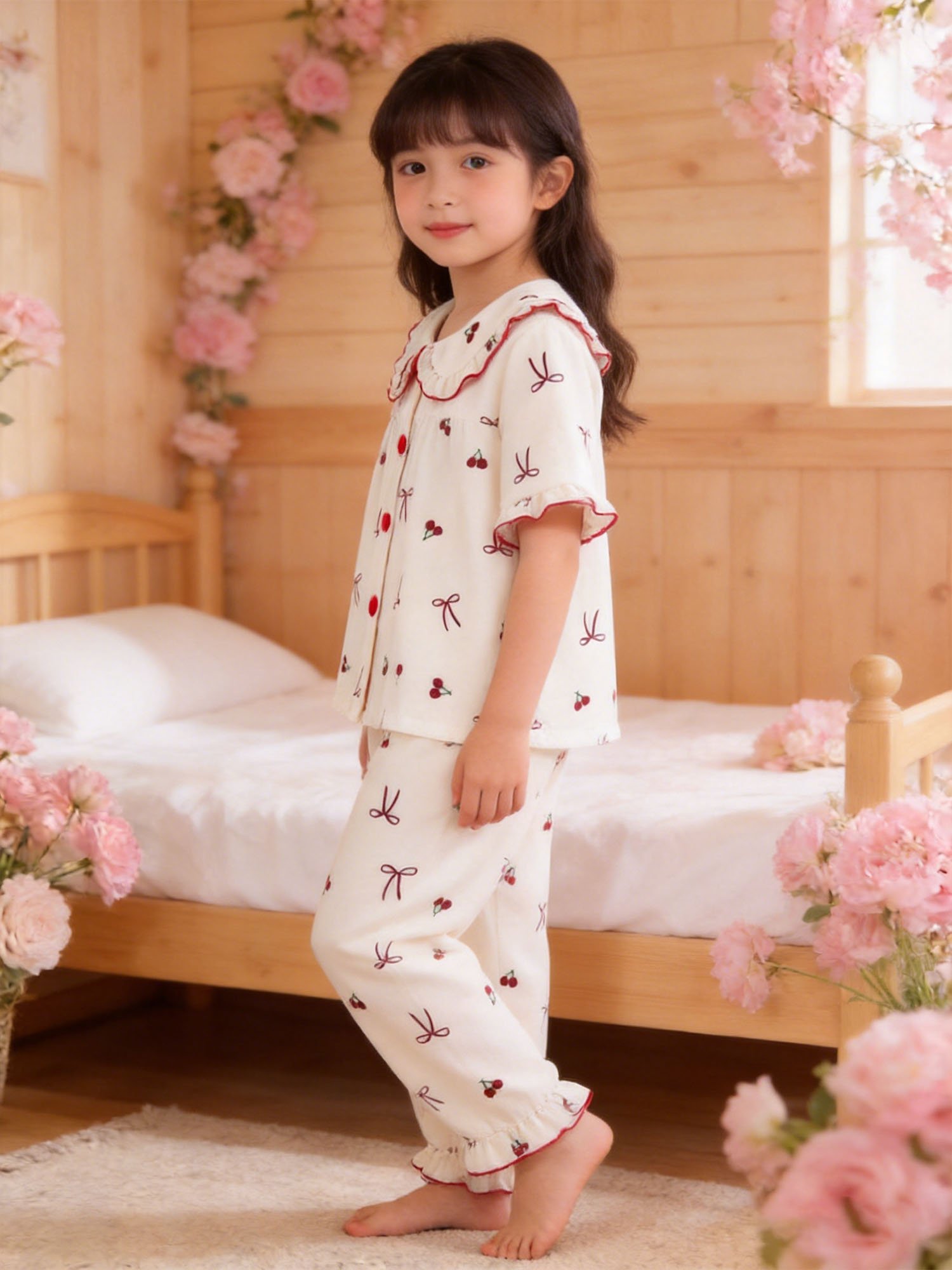 Girls Cherry and Bow Print Ruffled Collar Short Sleeve Pajama Set