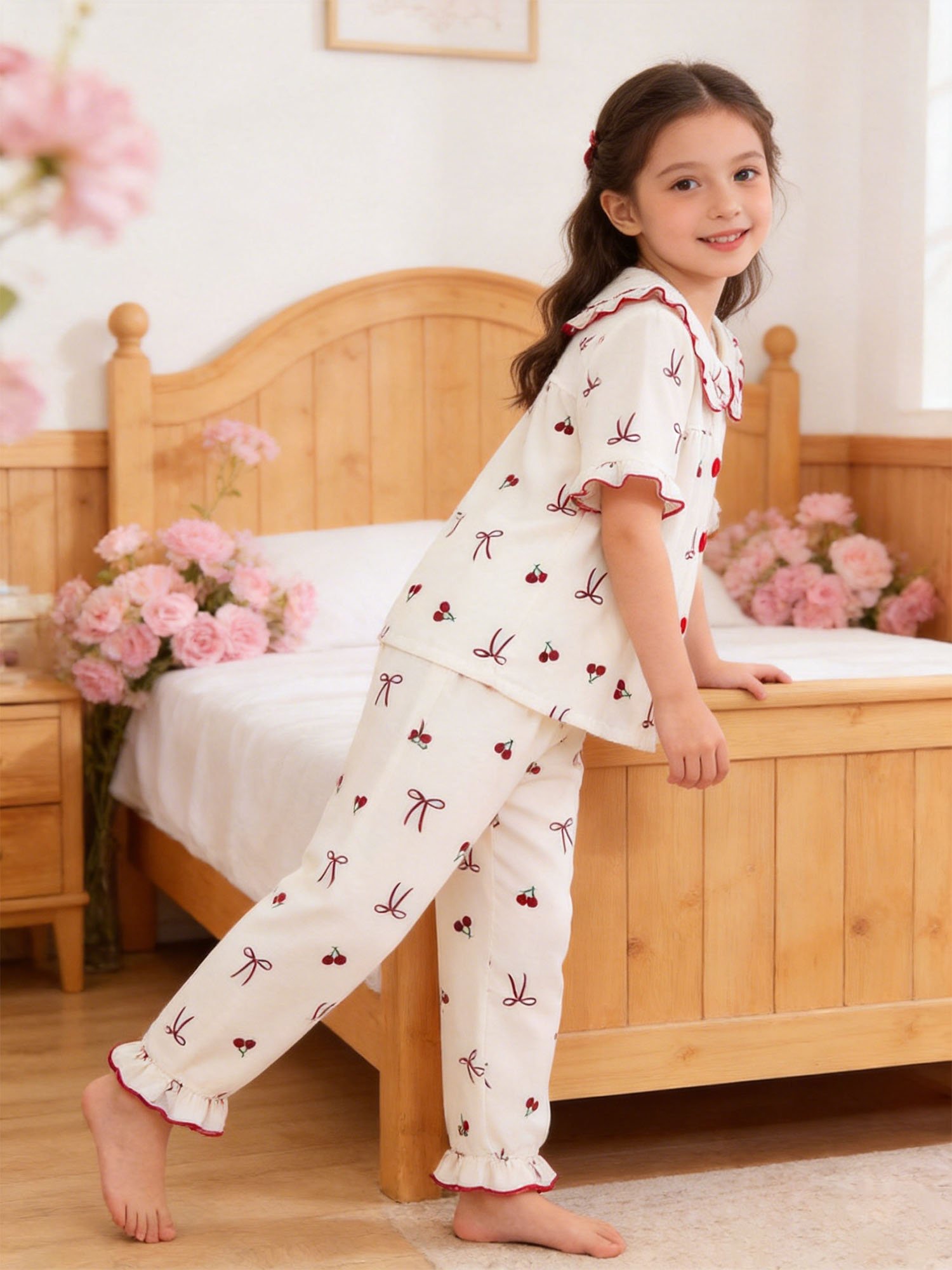 Girls Cherry and Bow Print Ruffled Collar Short Sleeve Pajama Set