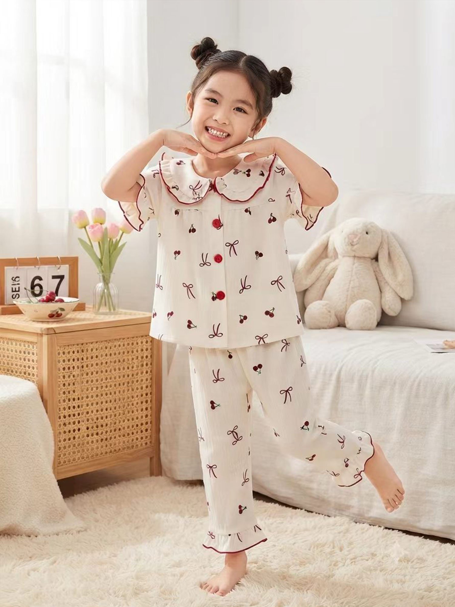 Girls Cherry and Bow Print Ruffled Collar Short Sleeve Pajama Set