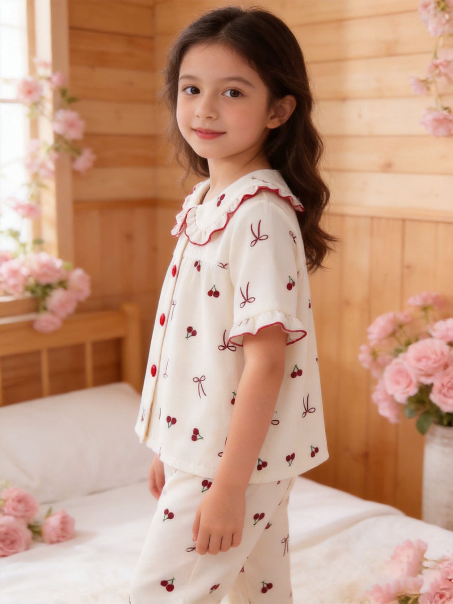 Girls Cherry and Bow Print Ruffled Collar Short Sleeve Pajama Set