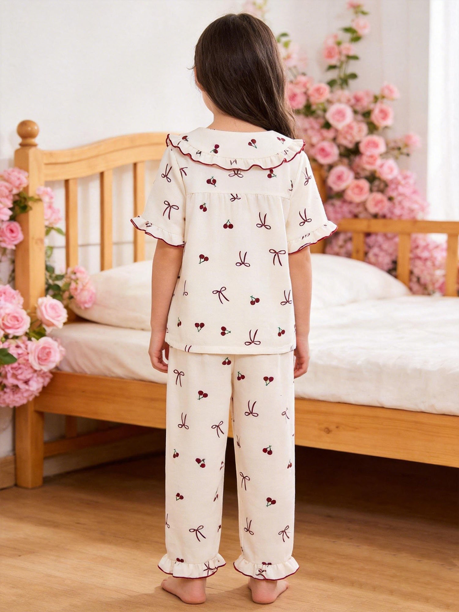Girls Cherry and Bow Print Ruffled Collar Short Sleeve Pajama Set