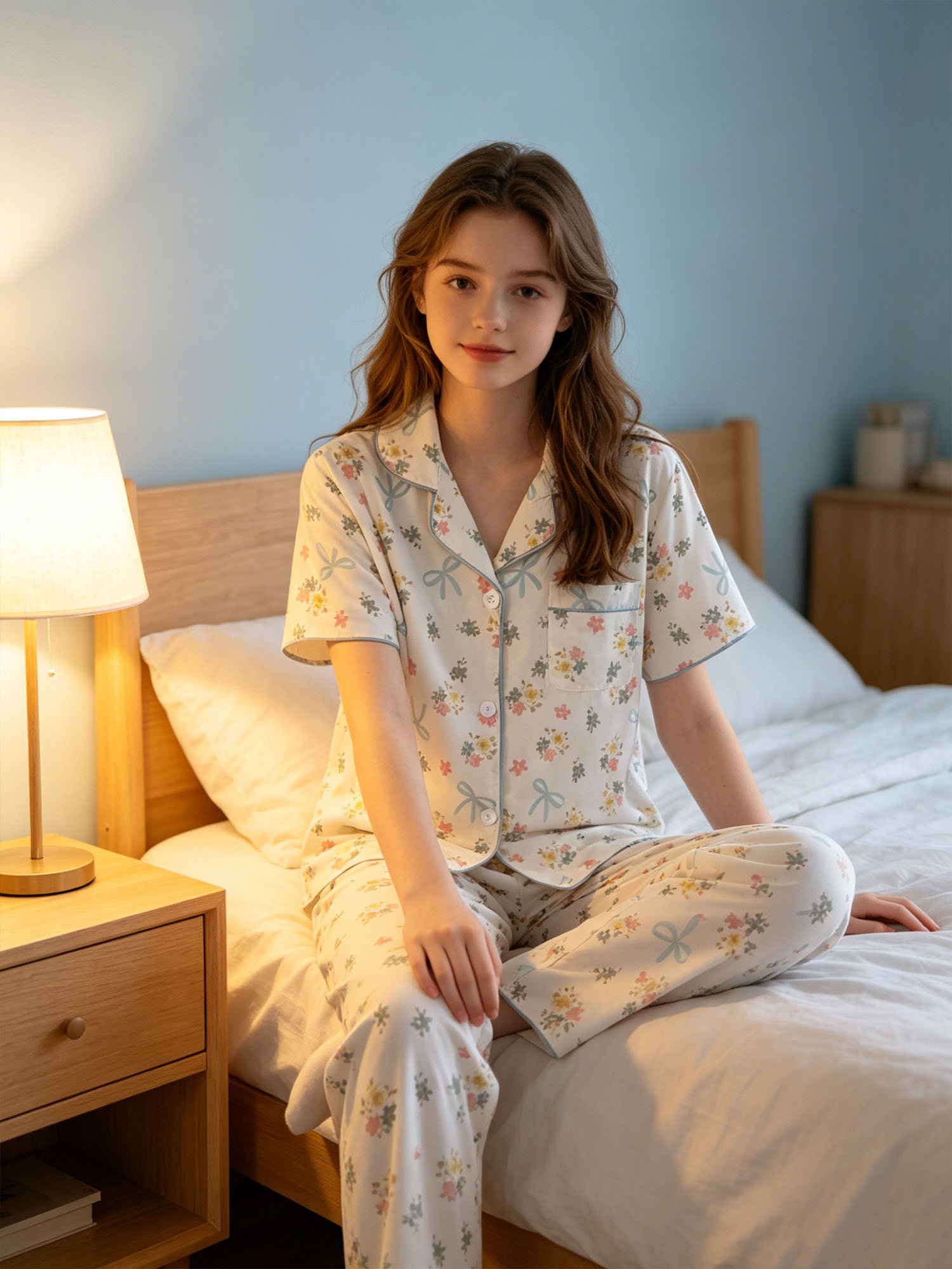 Girls Floral Print Short Sleeve Pajama Set