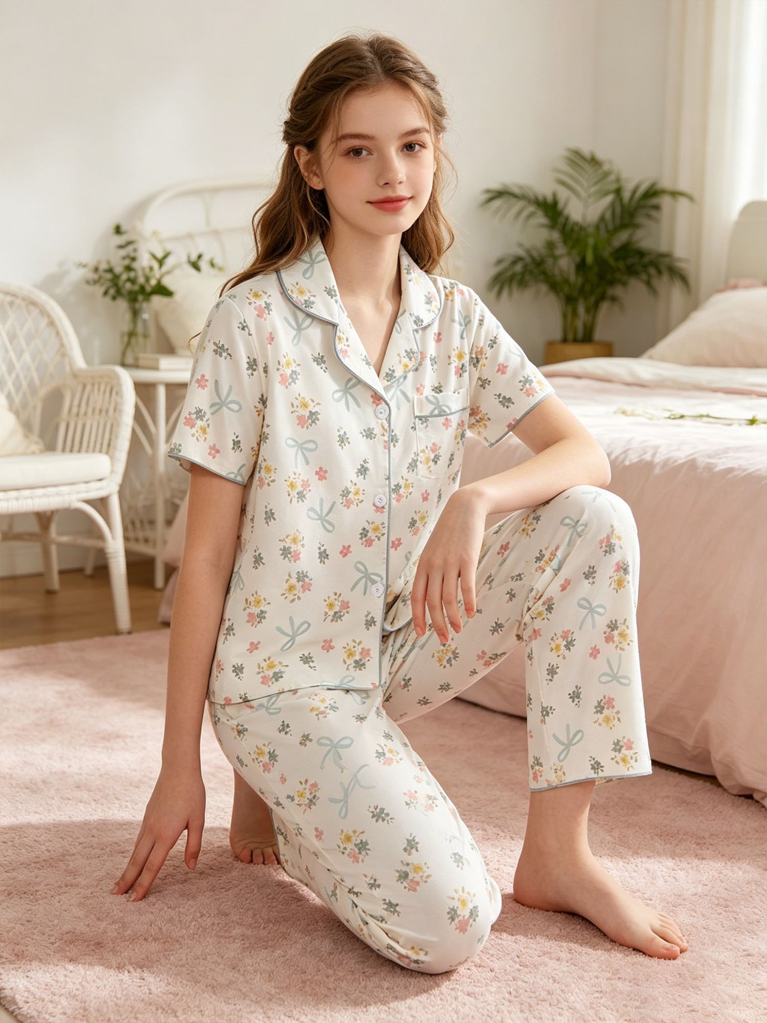 Girls Floral Print Short Sleeve Pajama Set