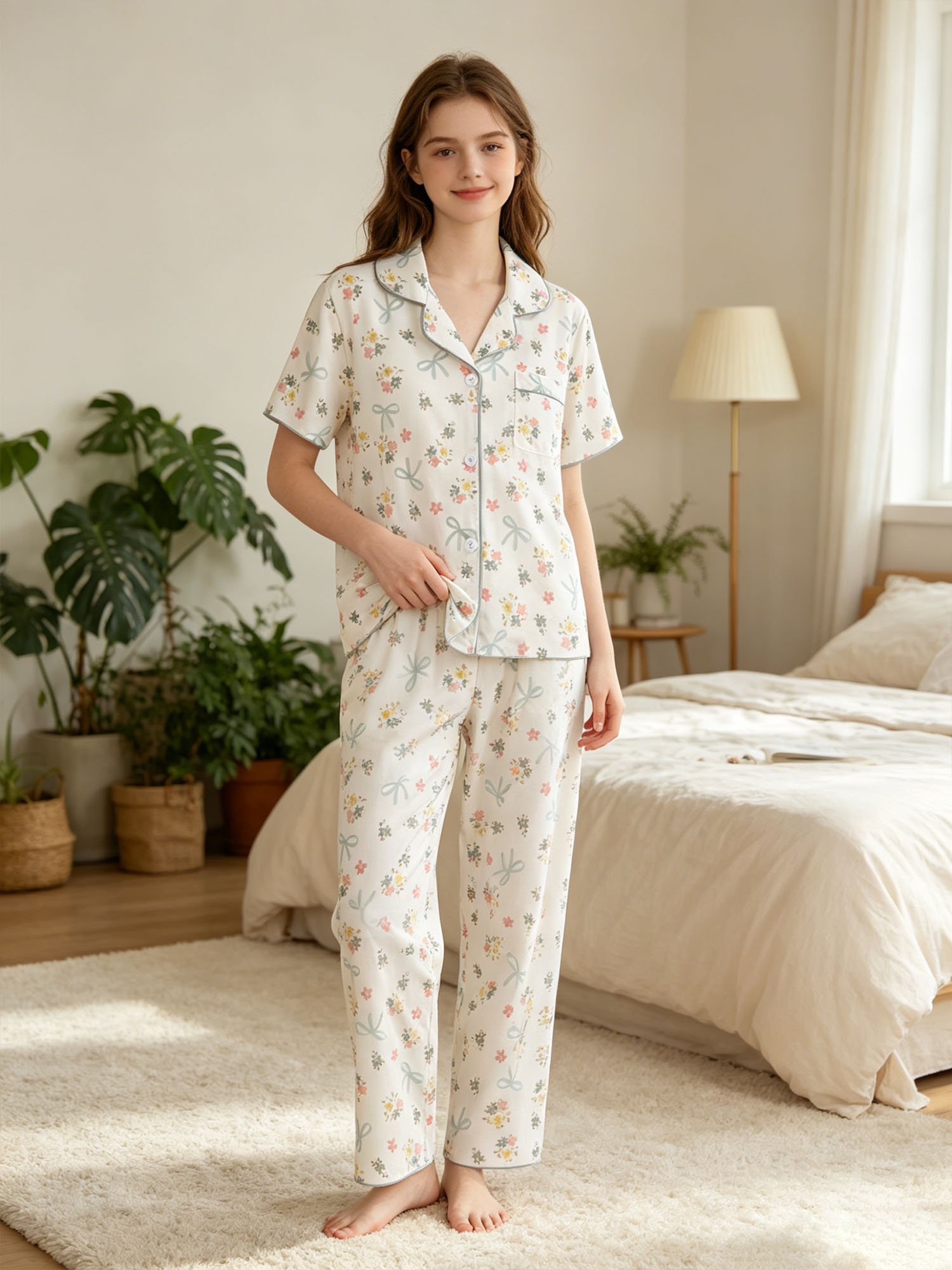 Girls Floral Print Short Sleeve Pajama Set