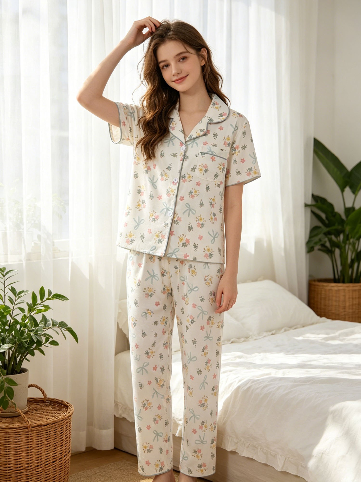 Girls Floral Print Short Sleeve Pajama Set