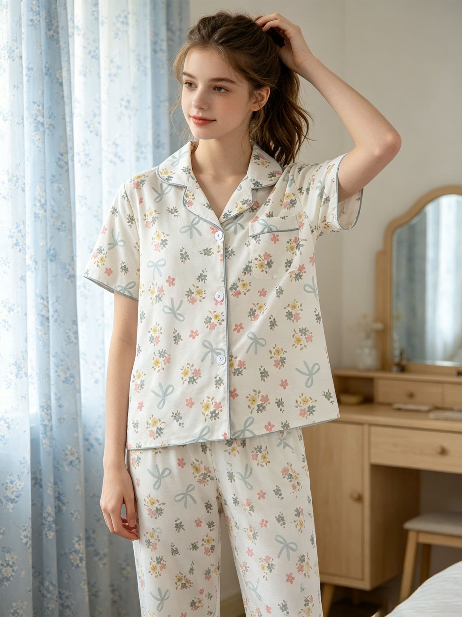 Girls Floral Print Short Sleeve Pajama Set