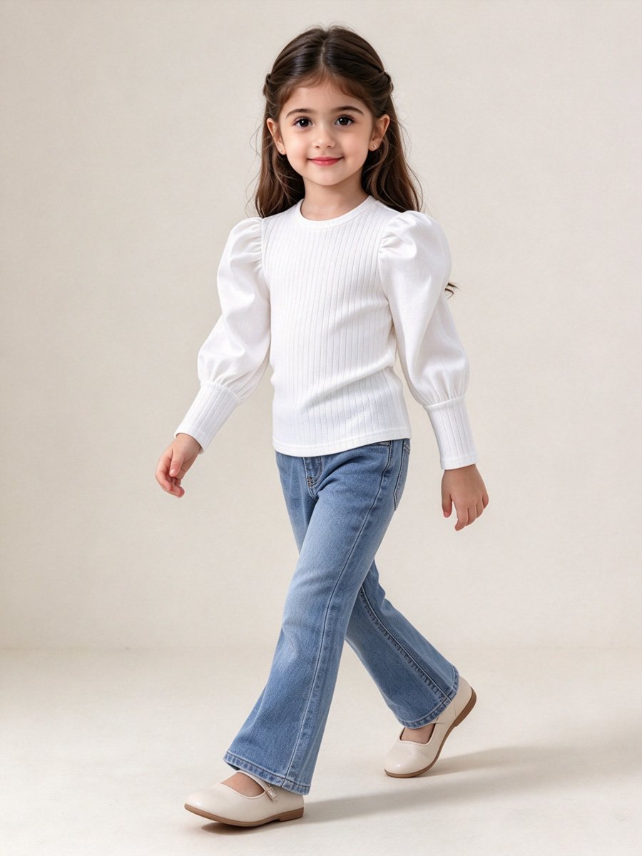 Girls Ribbed Round Neck T-Shirt