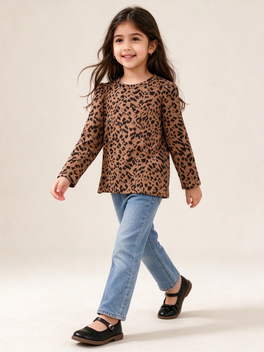 Girls Long Sleeve Leopard Print T-Shirt