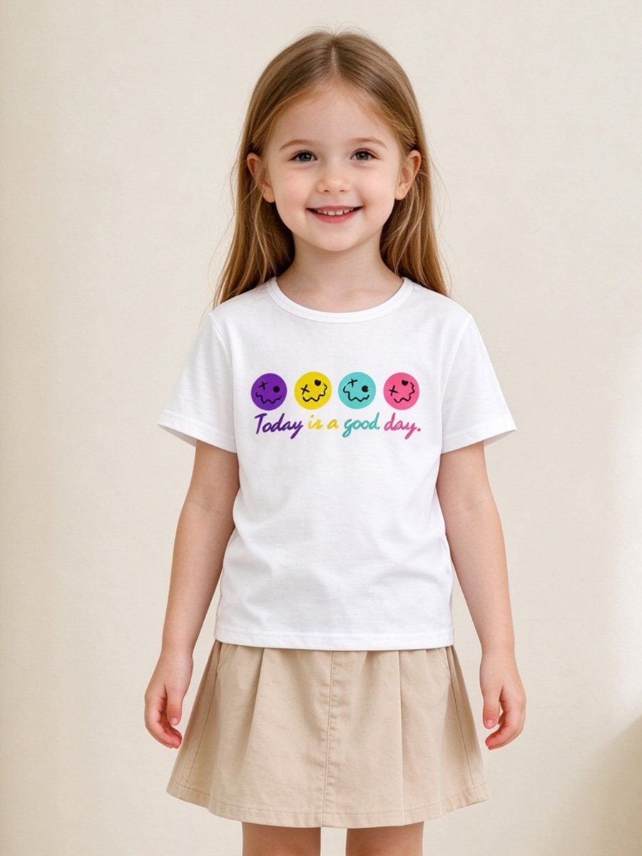 Girls White Round Neck T-Shirt