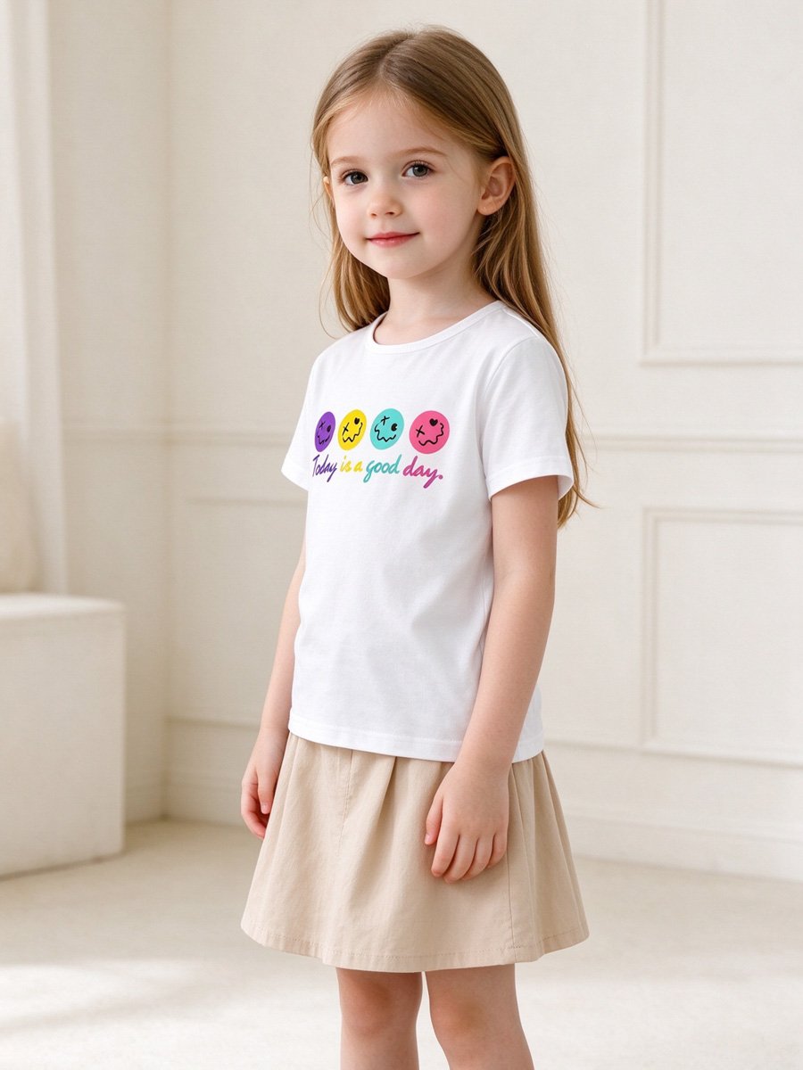 Girls White Round Neck T-Shirt