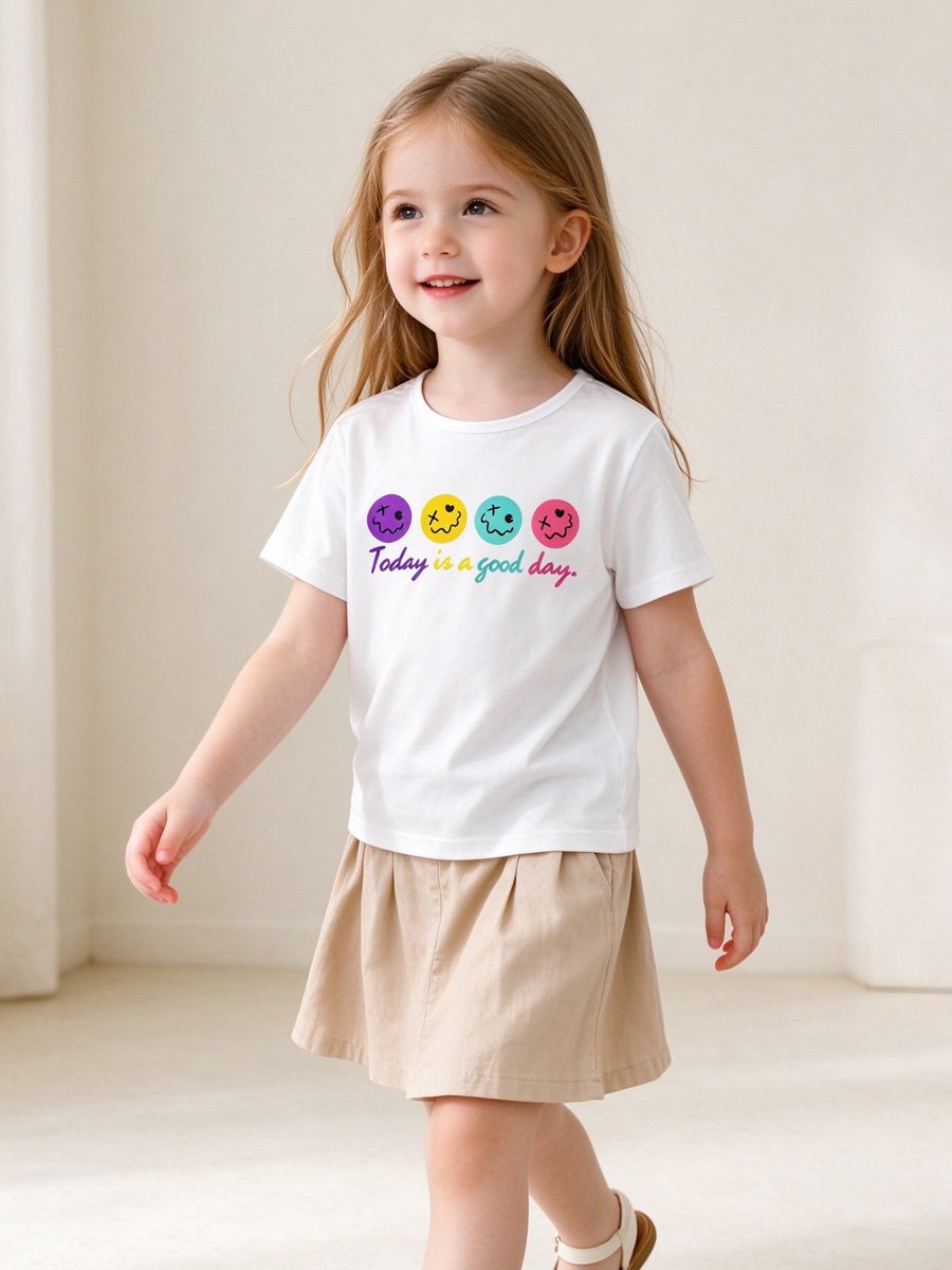 Girls White Round Neck T-Shirt