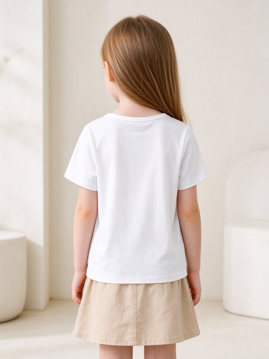 Girls White Round Neck T-Shirt