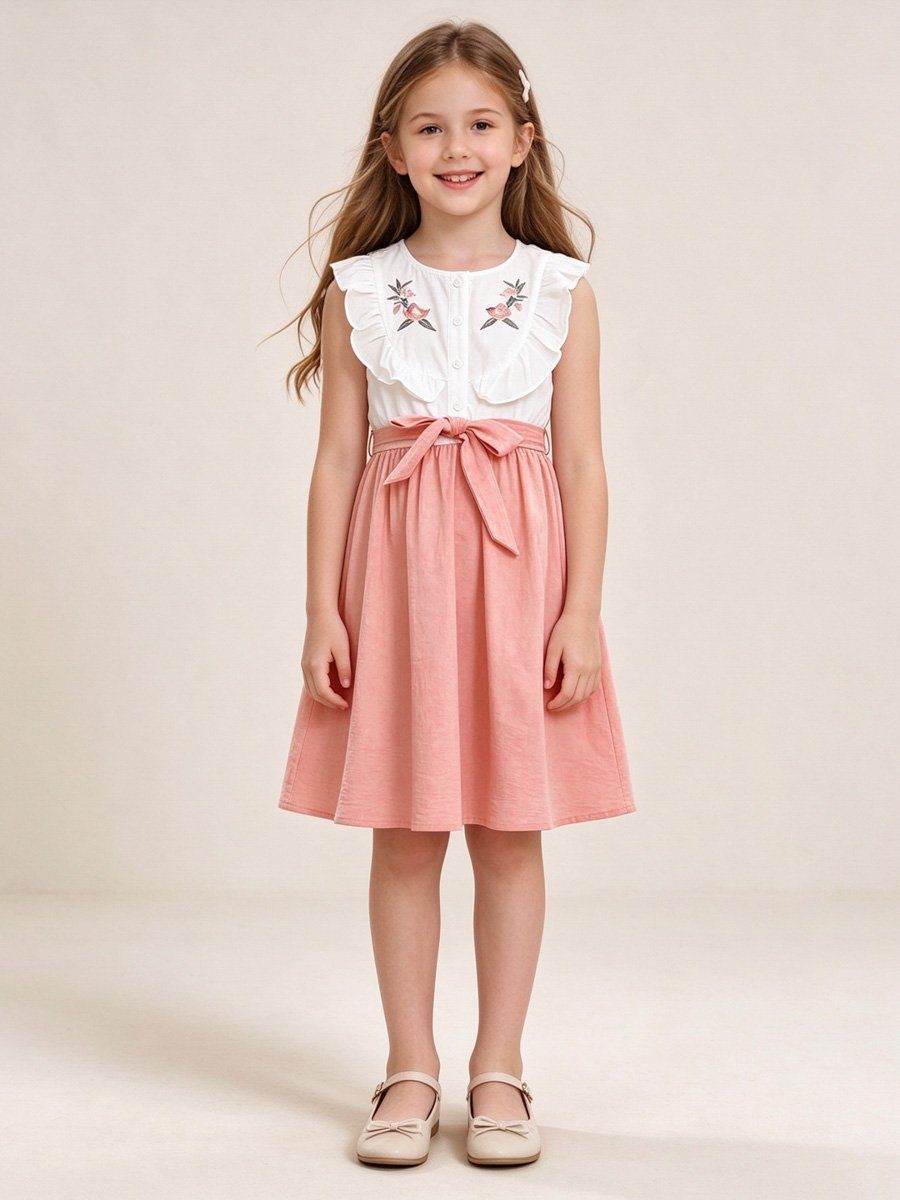 Girls Pink Ruffled Bow Detail Dress