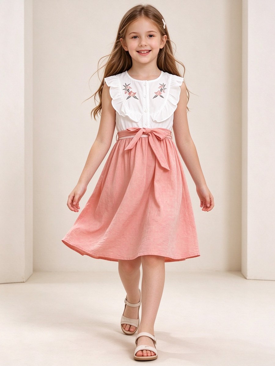 Girls Pink Ruffled Bow Detail Dress