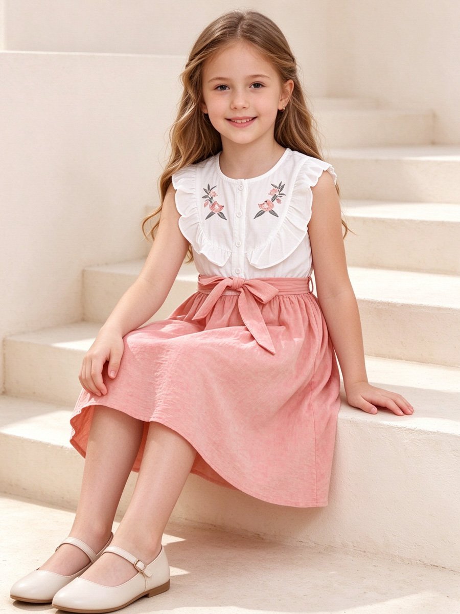 Girls Pink Ruffled Bow Detail Dress
