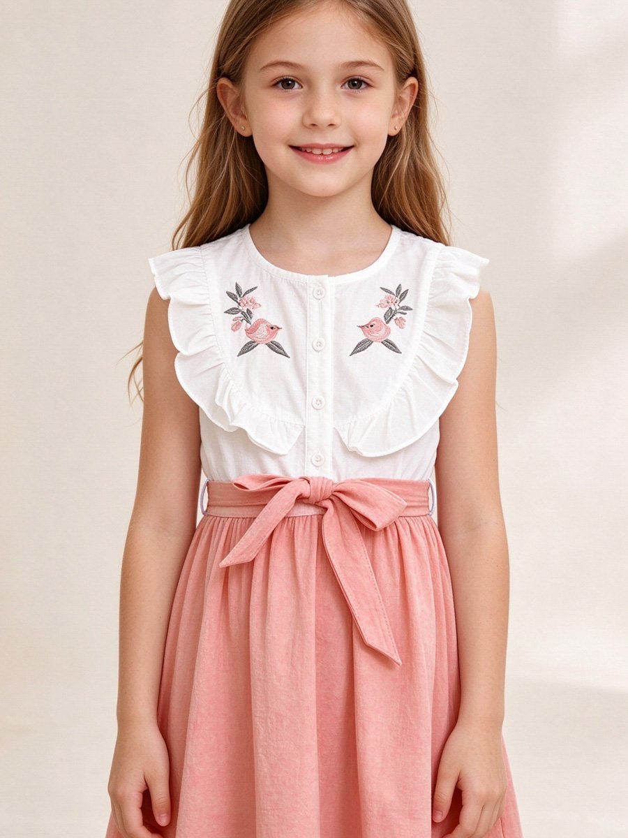 Girls Pink Ruffled Bow Detail Dress