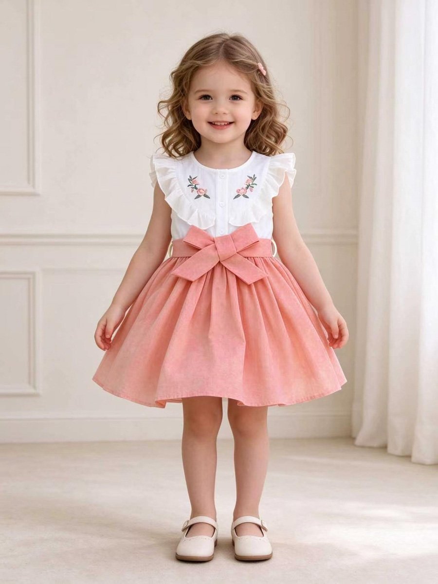 Girls Pink A-Line Dress with Bow Detail