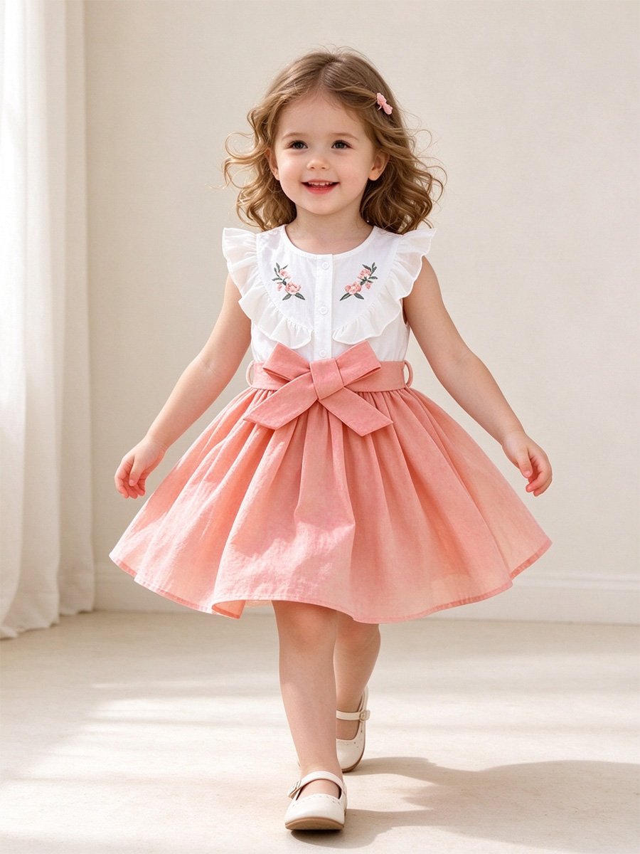 Girls Pink A-Line Dress with Bow Detail