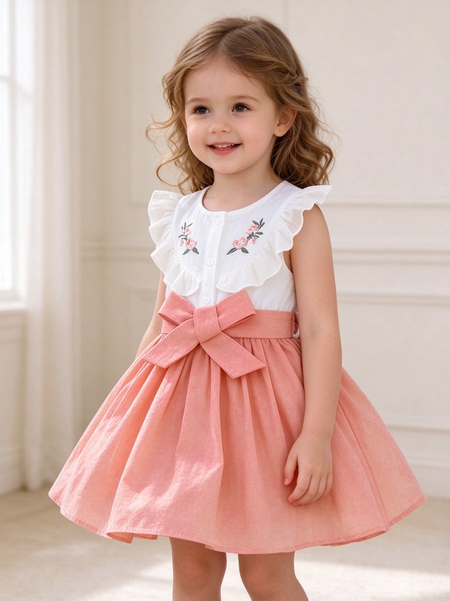 Girls Pink A-Line Dress with Bow Detail