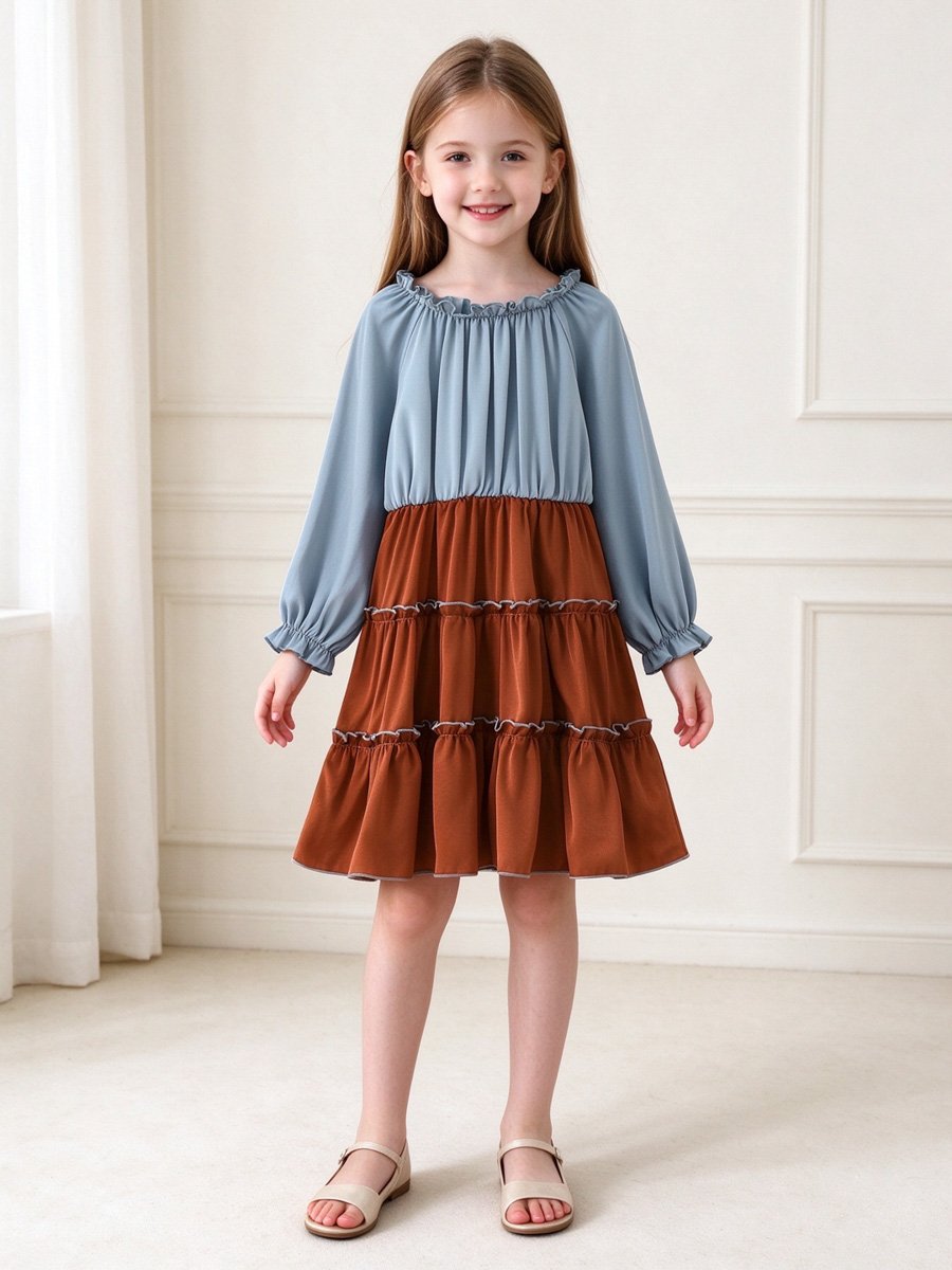 Girls Color Block Tiered Dress