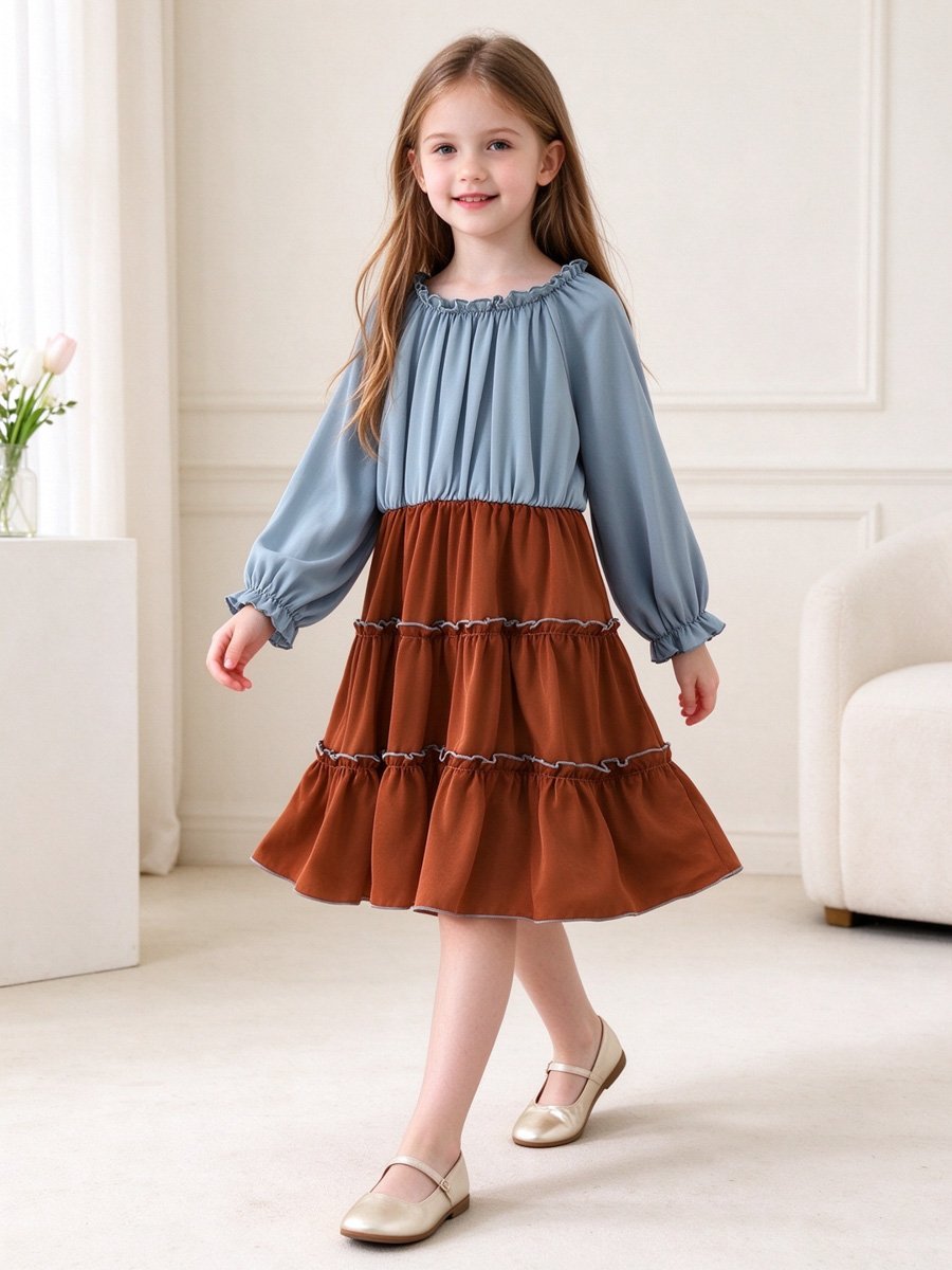Girls Color Block Tiered Dress