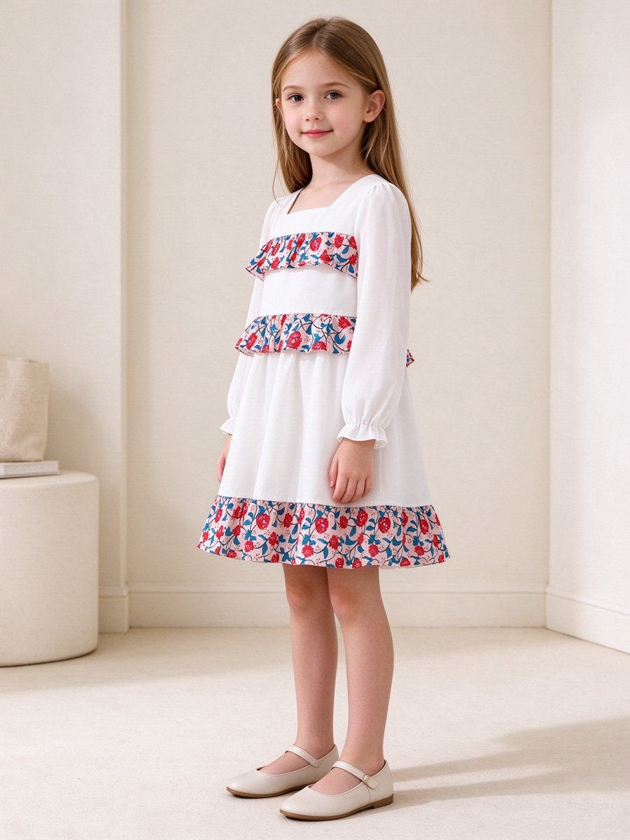 Girls White Floral Long Sleeve Dress