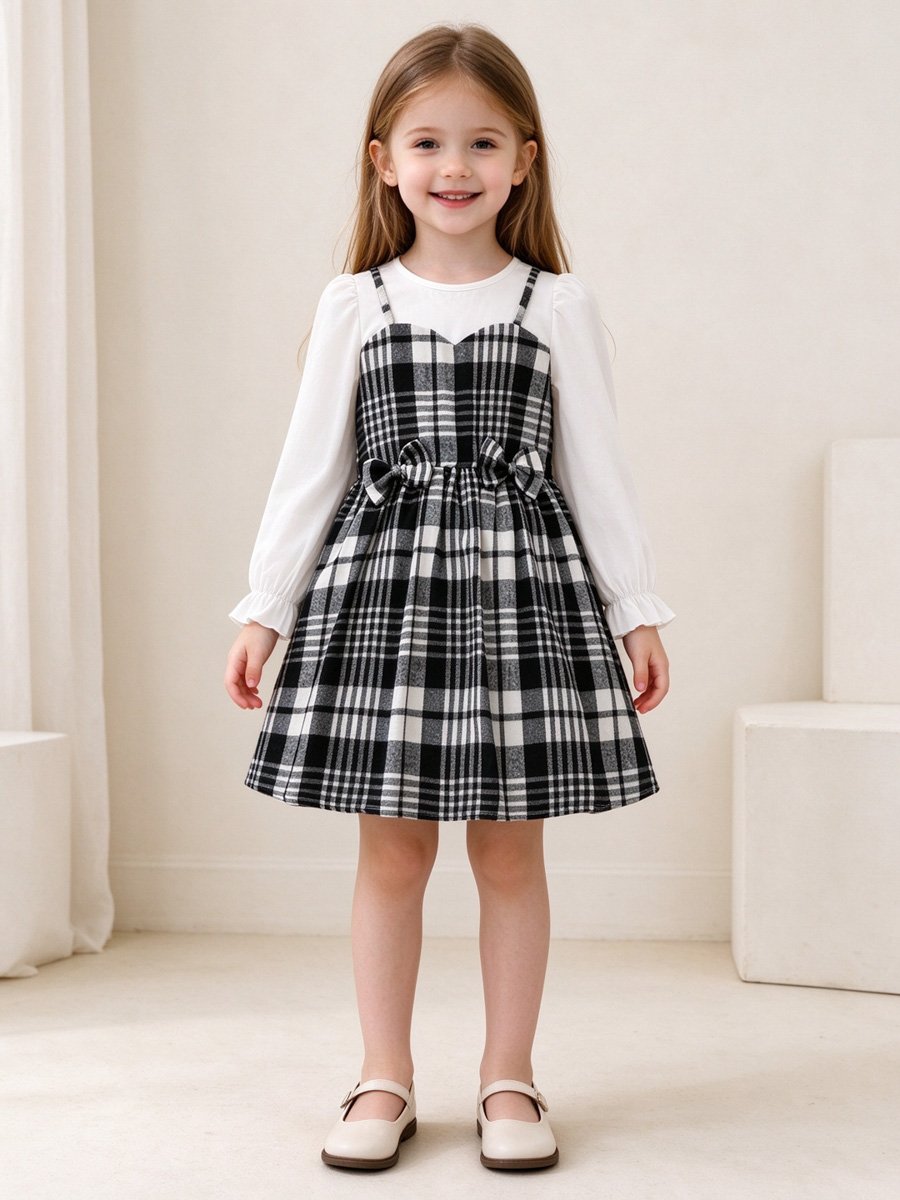 Girls Black Plaid Dress with Long Sleeve