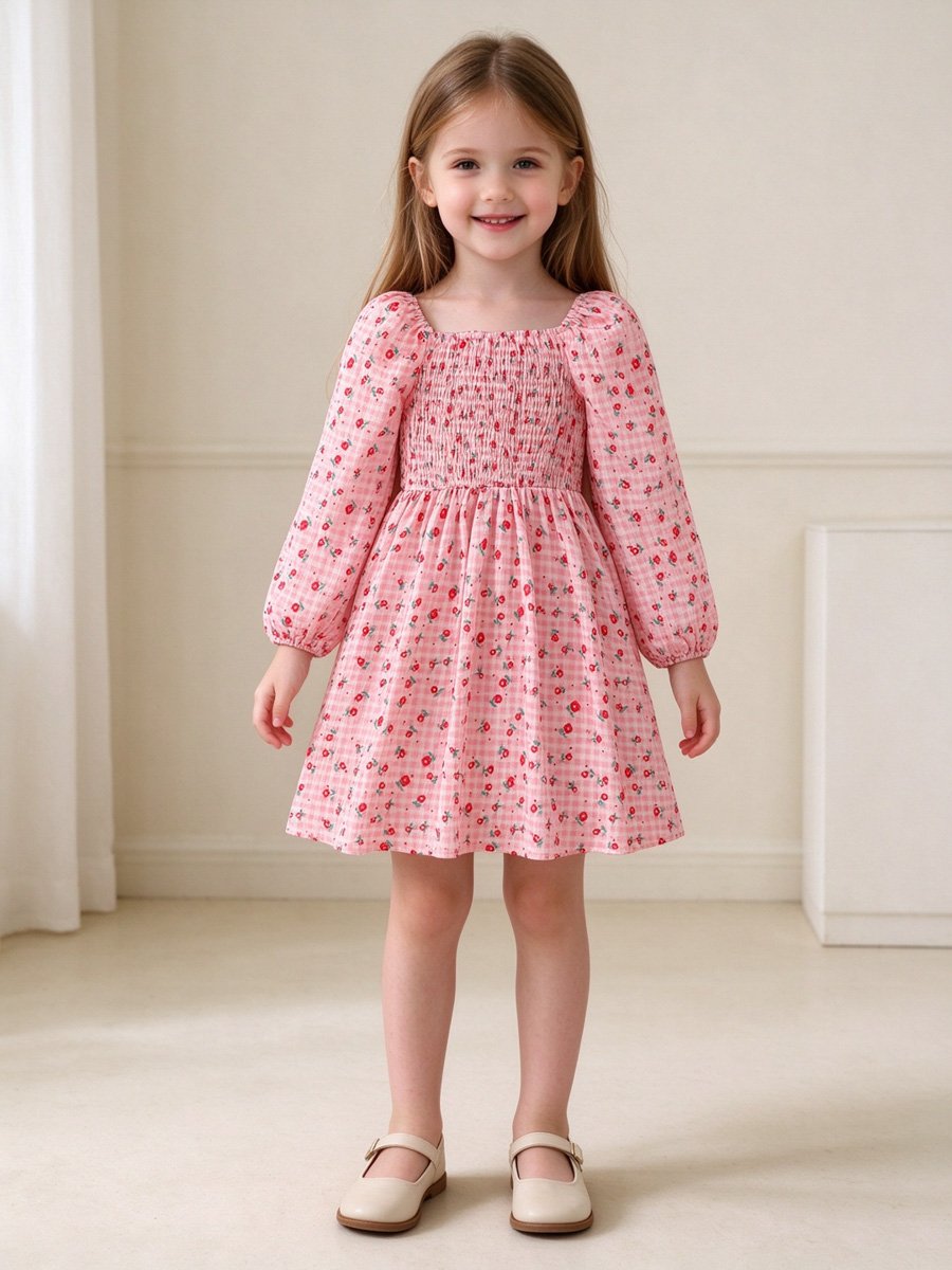 Girls Pink Gingham Floral Dress