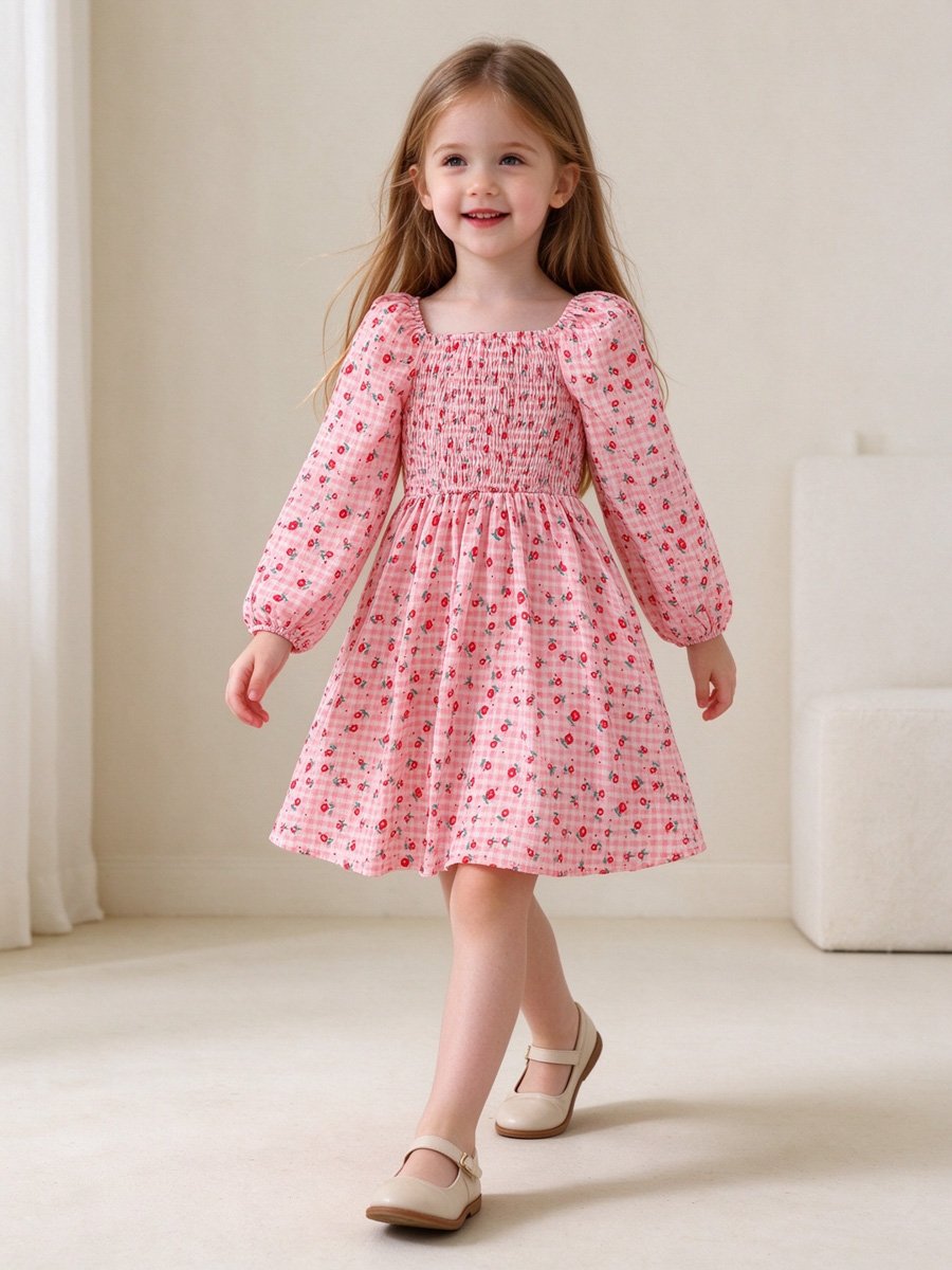 Girls Pink Gingham Floral Dress