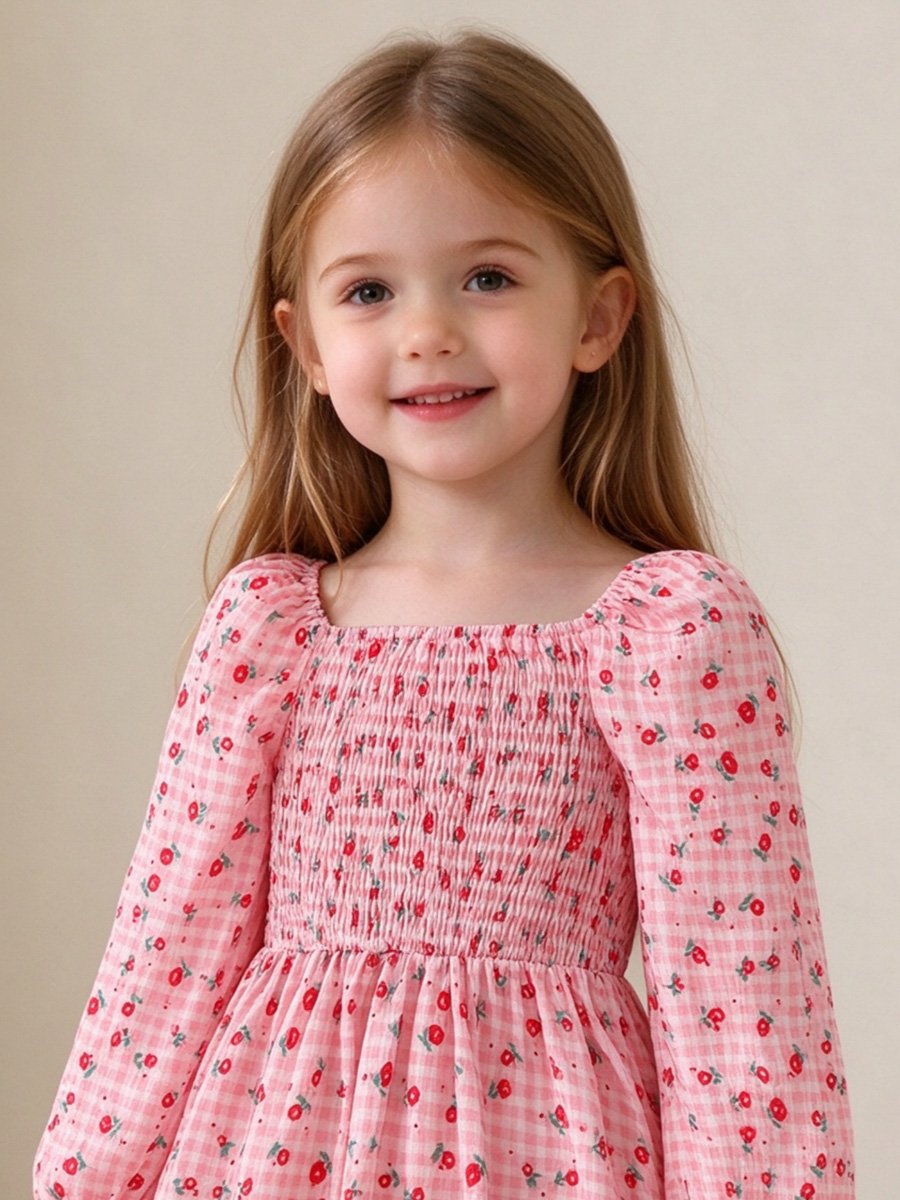 Girls Pink Gingham Floral Dress
