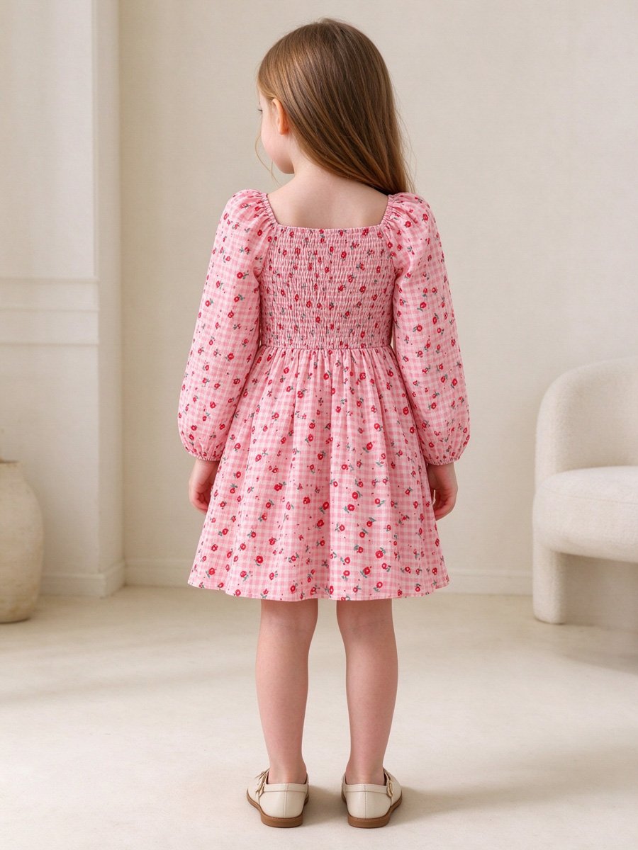 Girls Pink Gingham Floral Dress