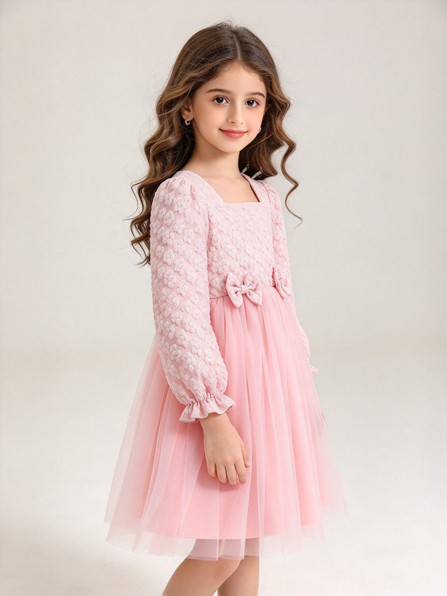 Girls Pink Bow Detail Mesh Insert Dress