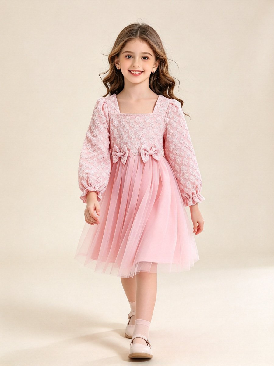 Girls Pink Bow Detail Mesh Insert Dress