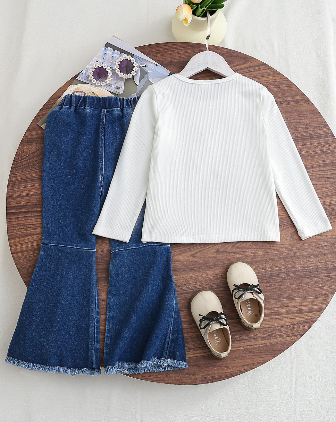 Girls Butterfly Top and Flared Denim Jeans Set